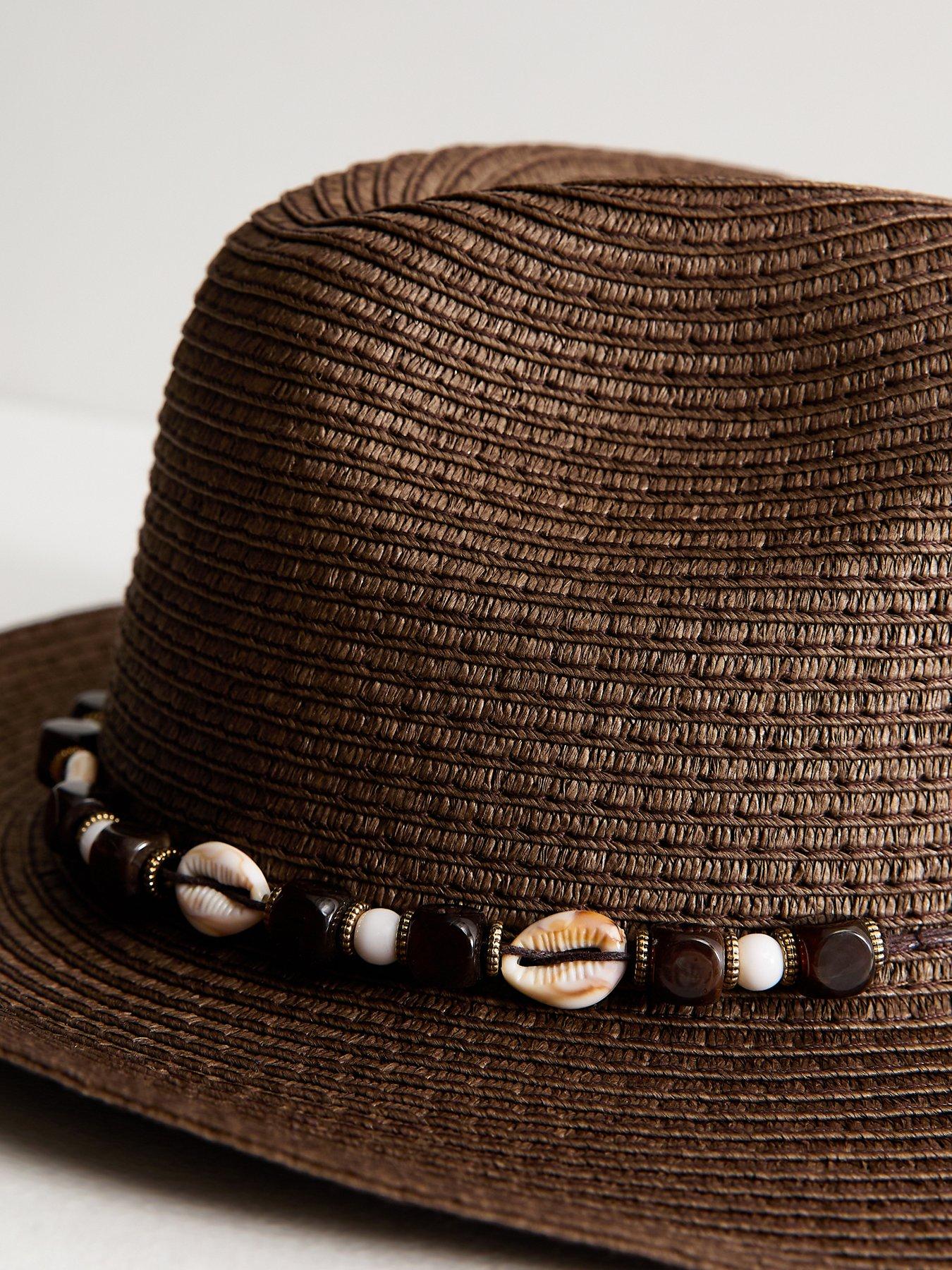 Image 3 of 3 of New Look Beaded Shell Trim Straw Fedora Hat - Dark Brown