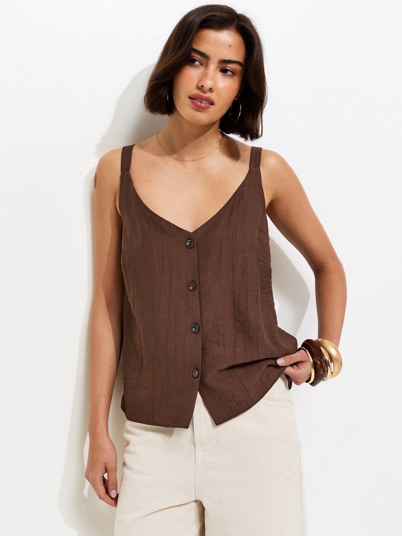 New Look Button Front V-Neck Cami Top - Dark Brown