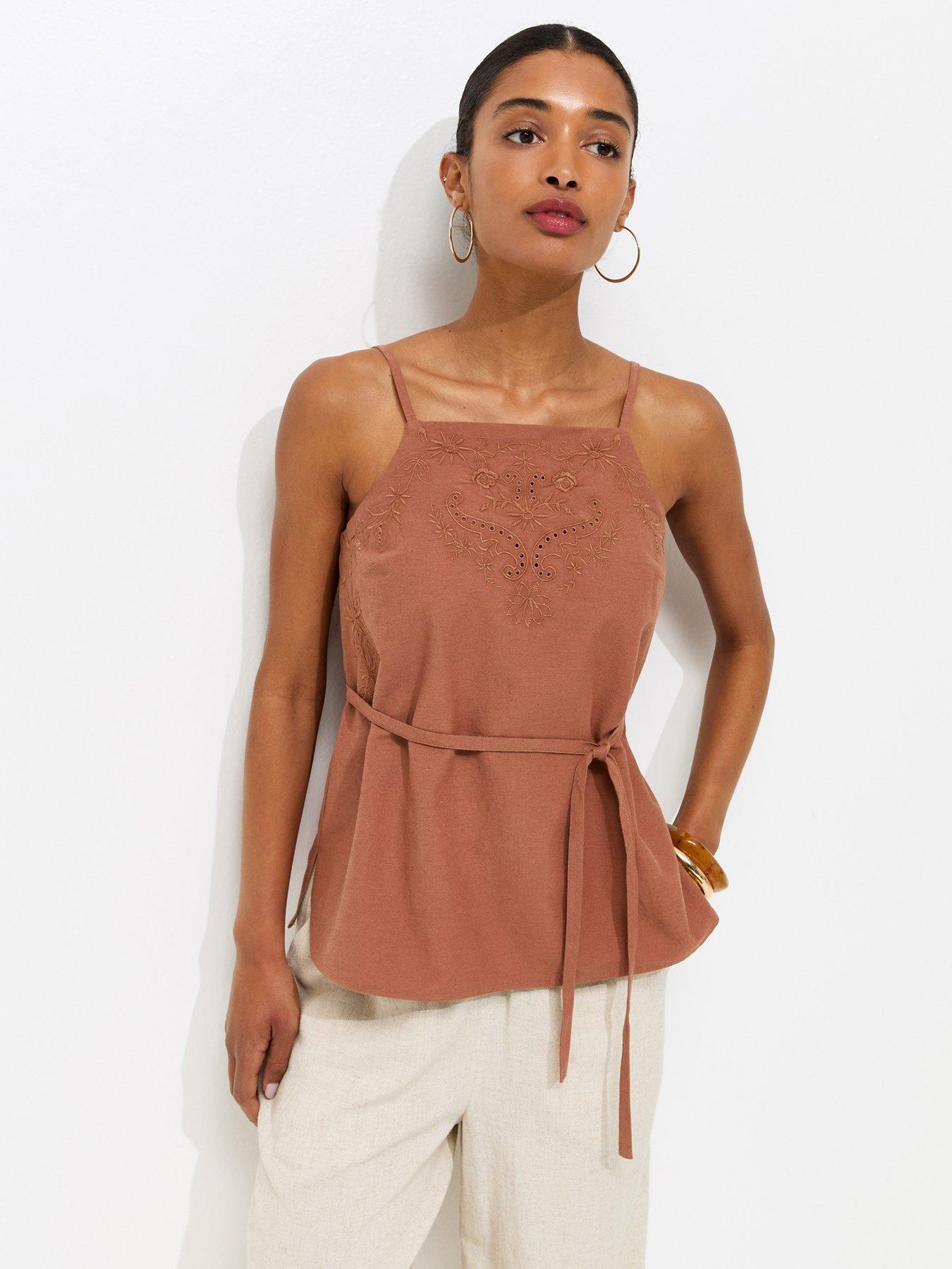 New Look Embroidered Belted Long Cami Top - Dark Brown
