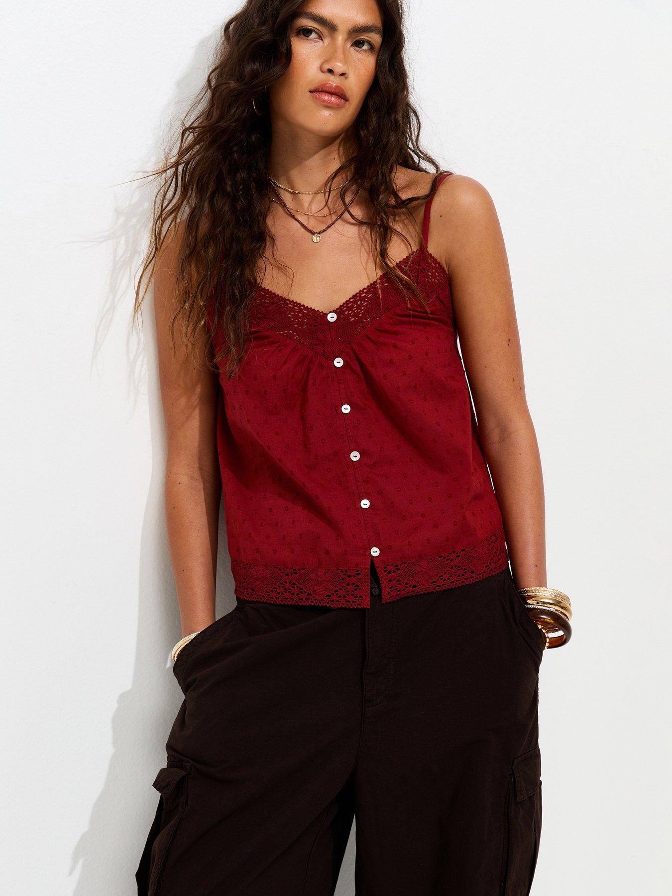 Image 1 of 5 of New Look Dobby Texture Lace Trim Cami Top - Rust