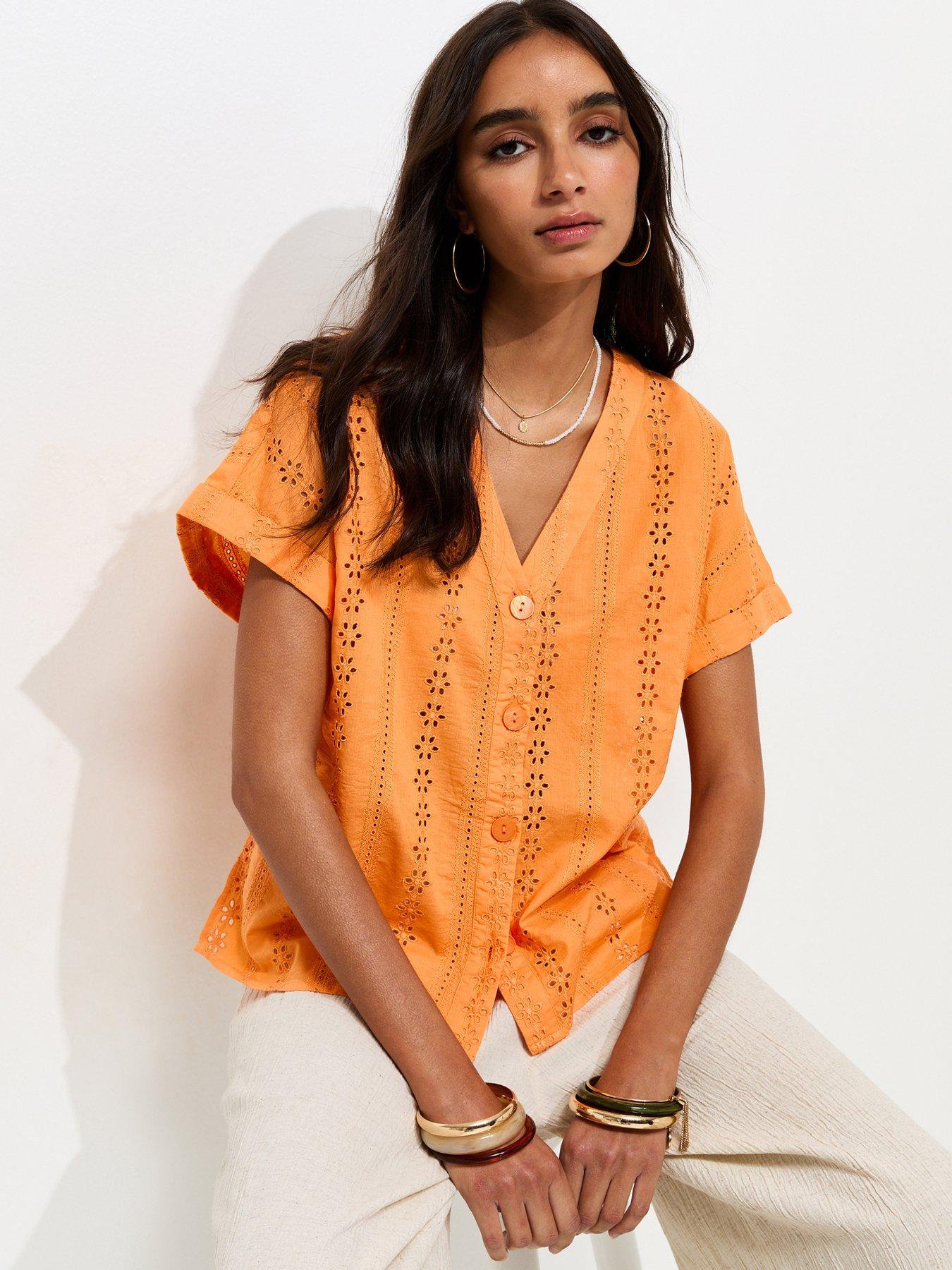 New Look Cotton Broderie Anglaise Button Through Top - Bright Orange