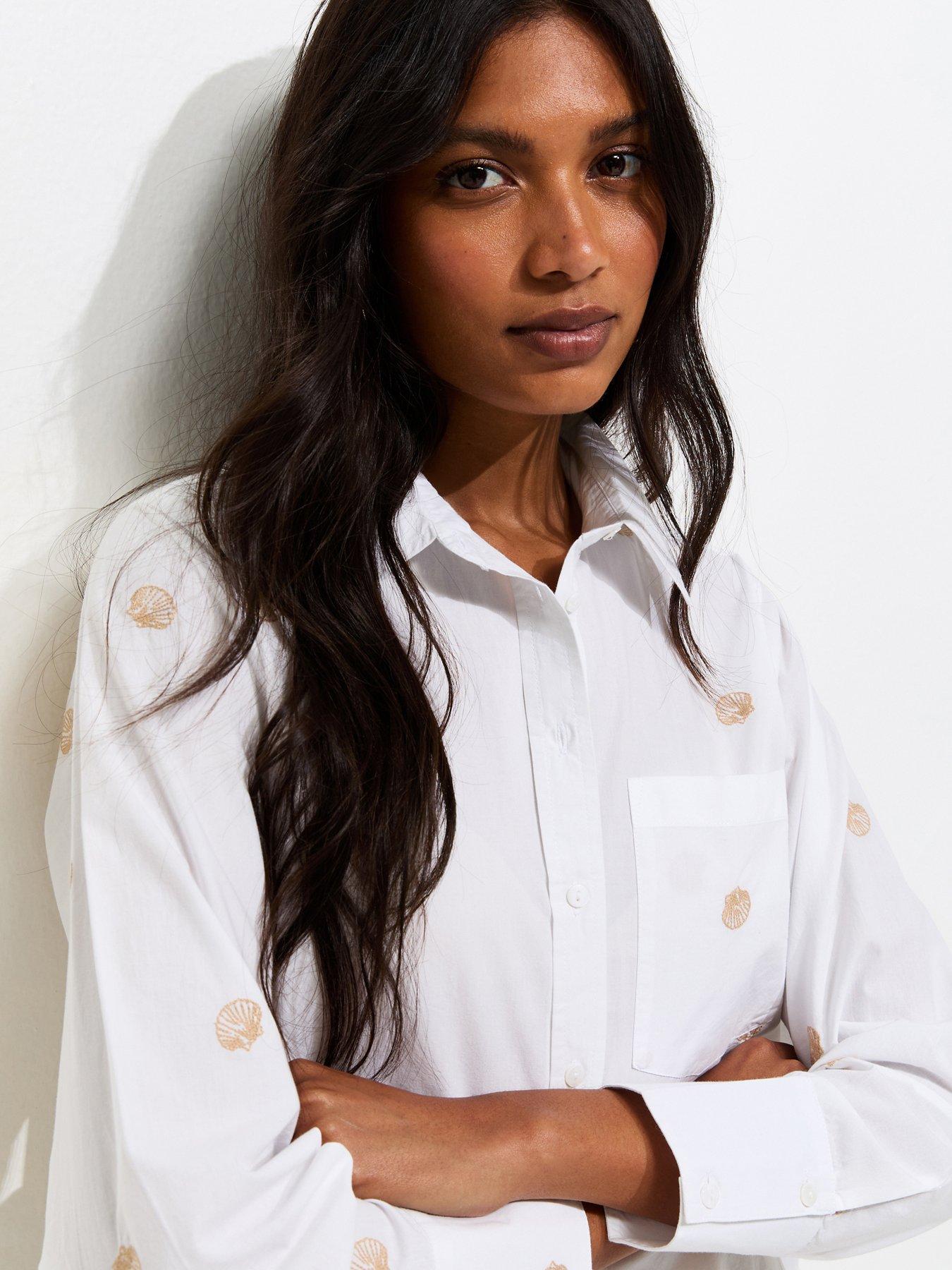 Image 1 of 3 of New Look Cotton Embroidered Shell Long Sleeve Shirt - White