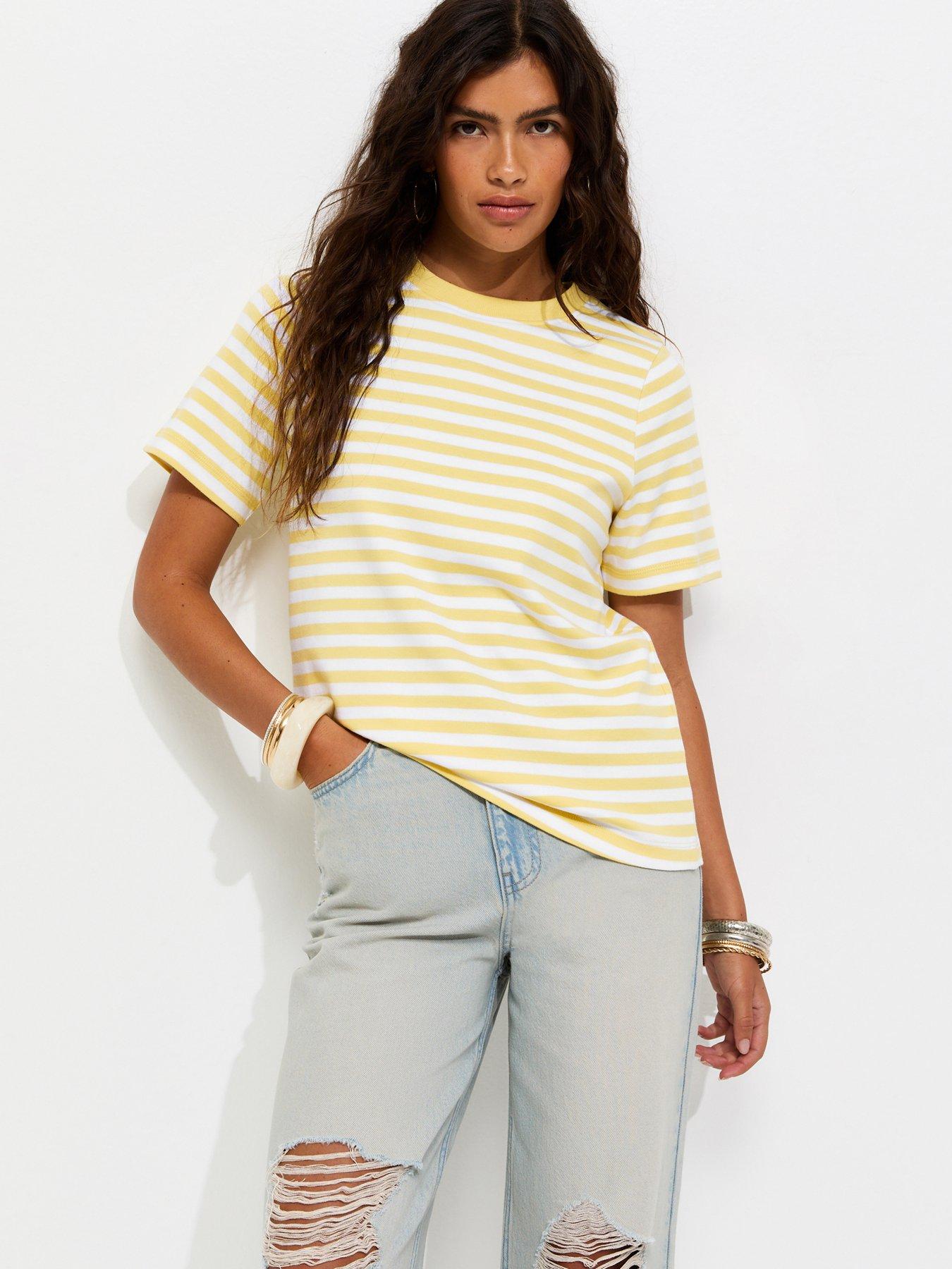 New Look Premium Cotton Striped Relaxed T-Shirt - Cream