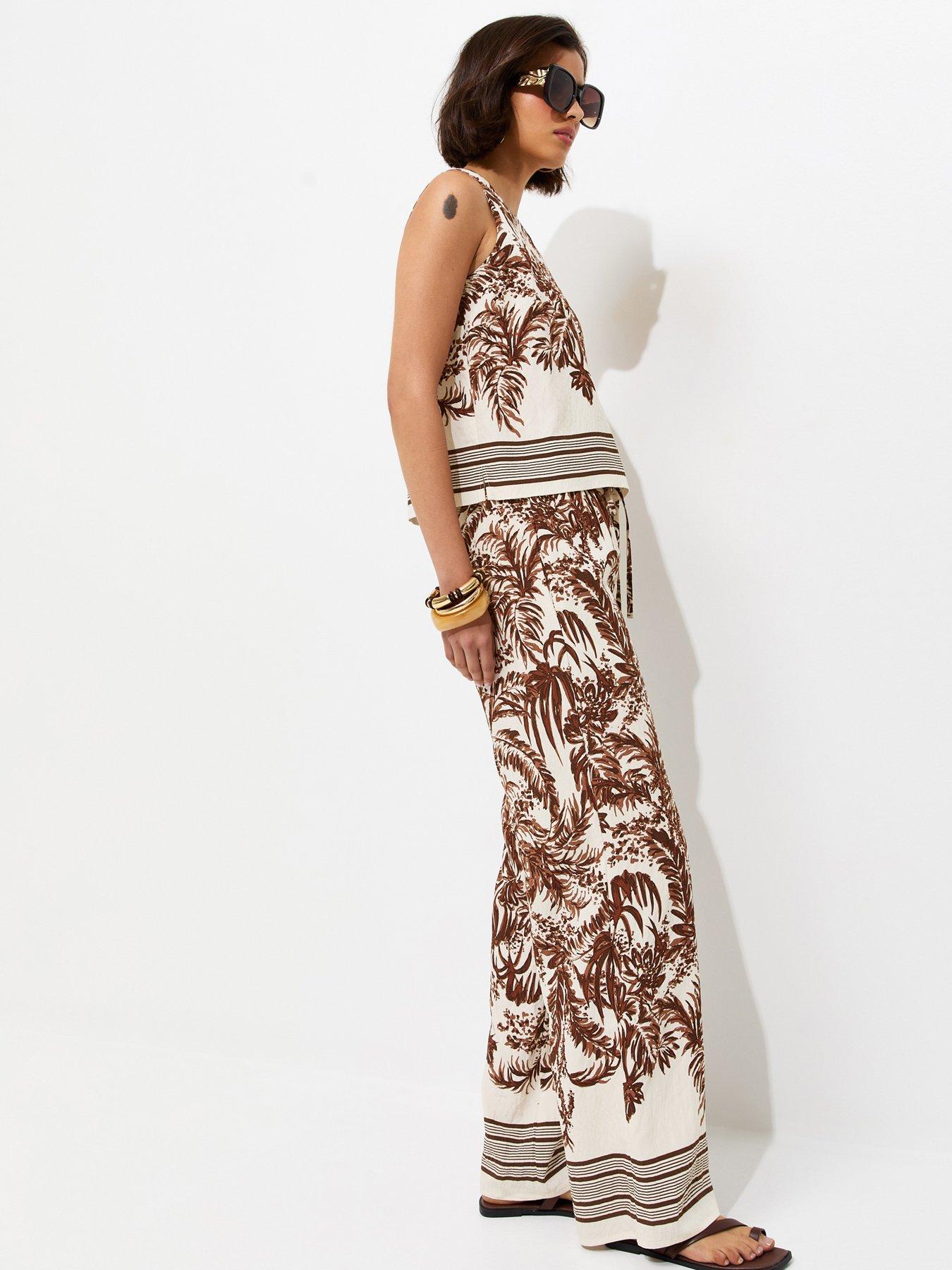 New Look Palm Tree Print Wide Leg Co-Ord Trousers - Brown