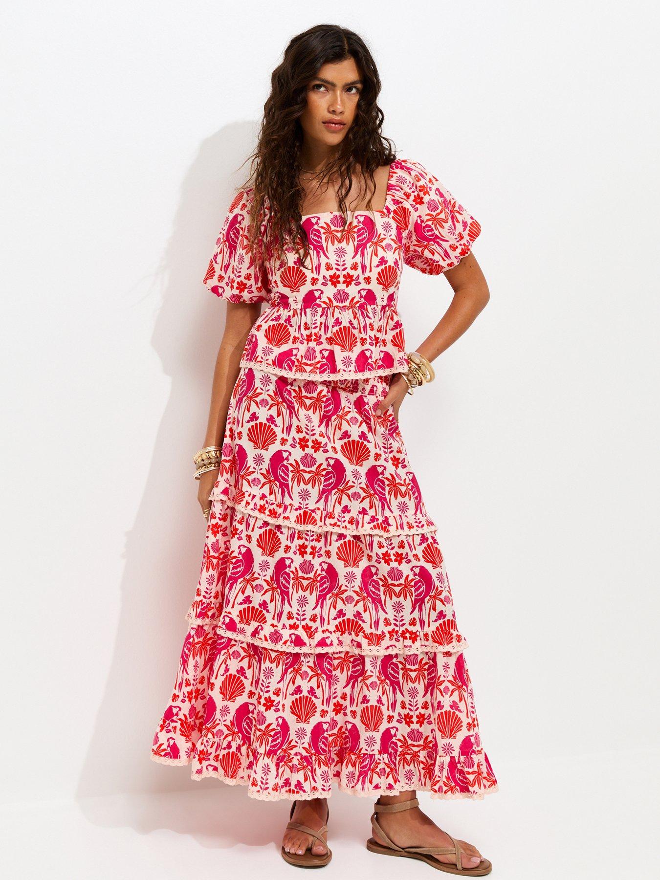 New Look Cotton Parrot Shell Print Tiered Shirred Co-ord Midi Skirt - Pink