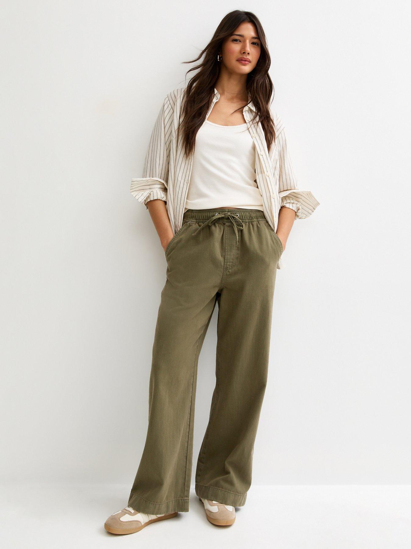 New Look Cotton Twill Drawstring Wide Leg Trousers - Dark Khaki