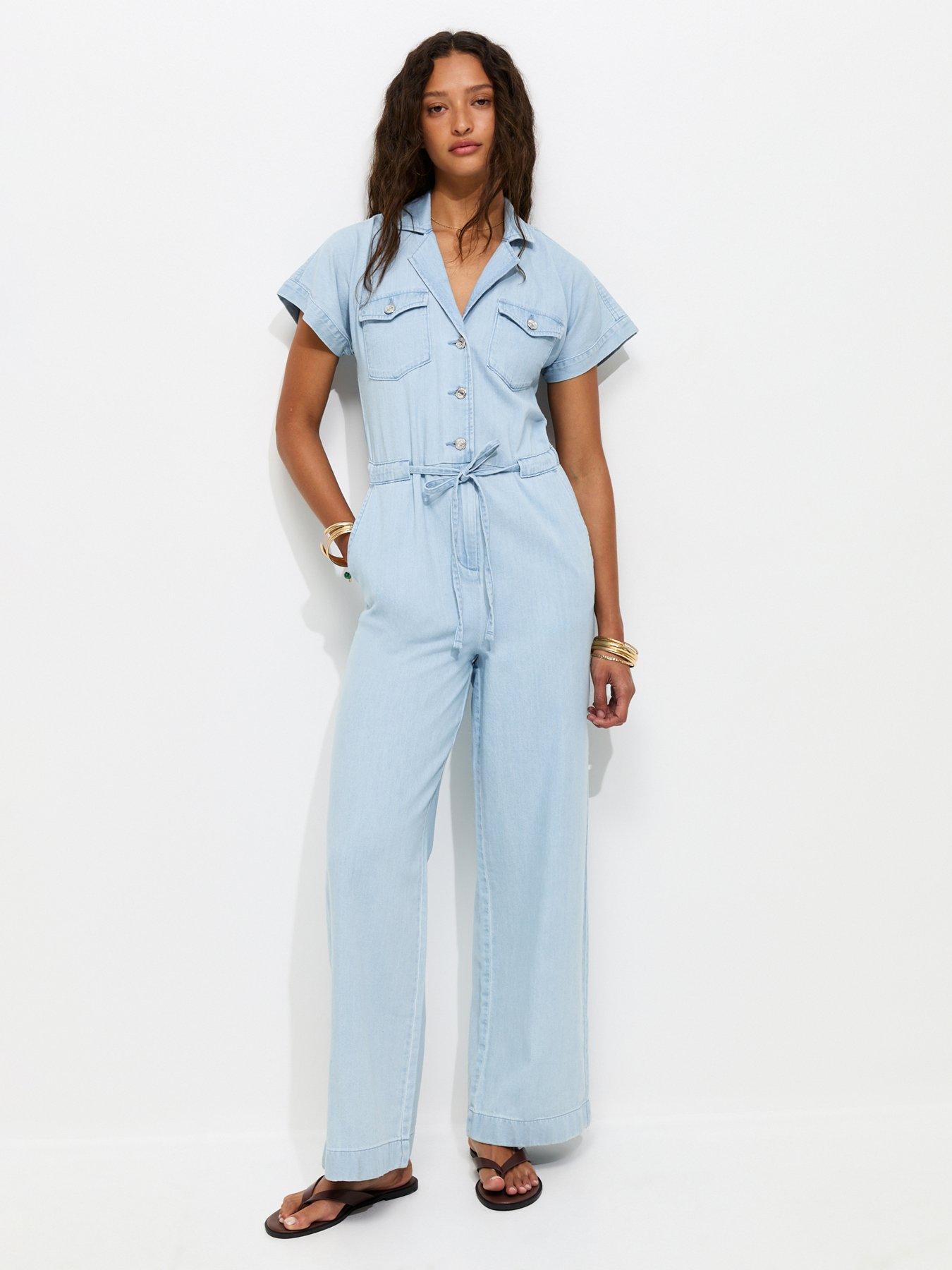 Image 1 of 5 of New Look Denim Short Sleeve Jumpsuit - Light Blue