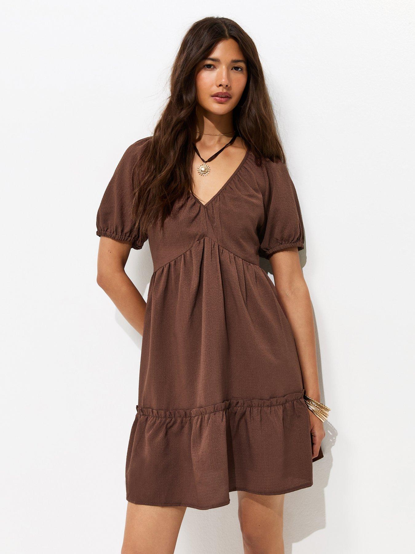 New Look Textured Tiered Mini Smock Dress - Dark Brown