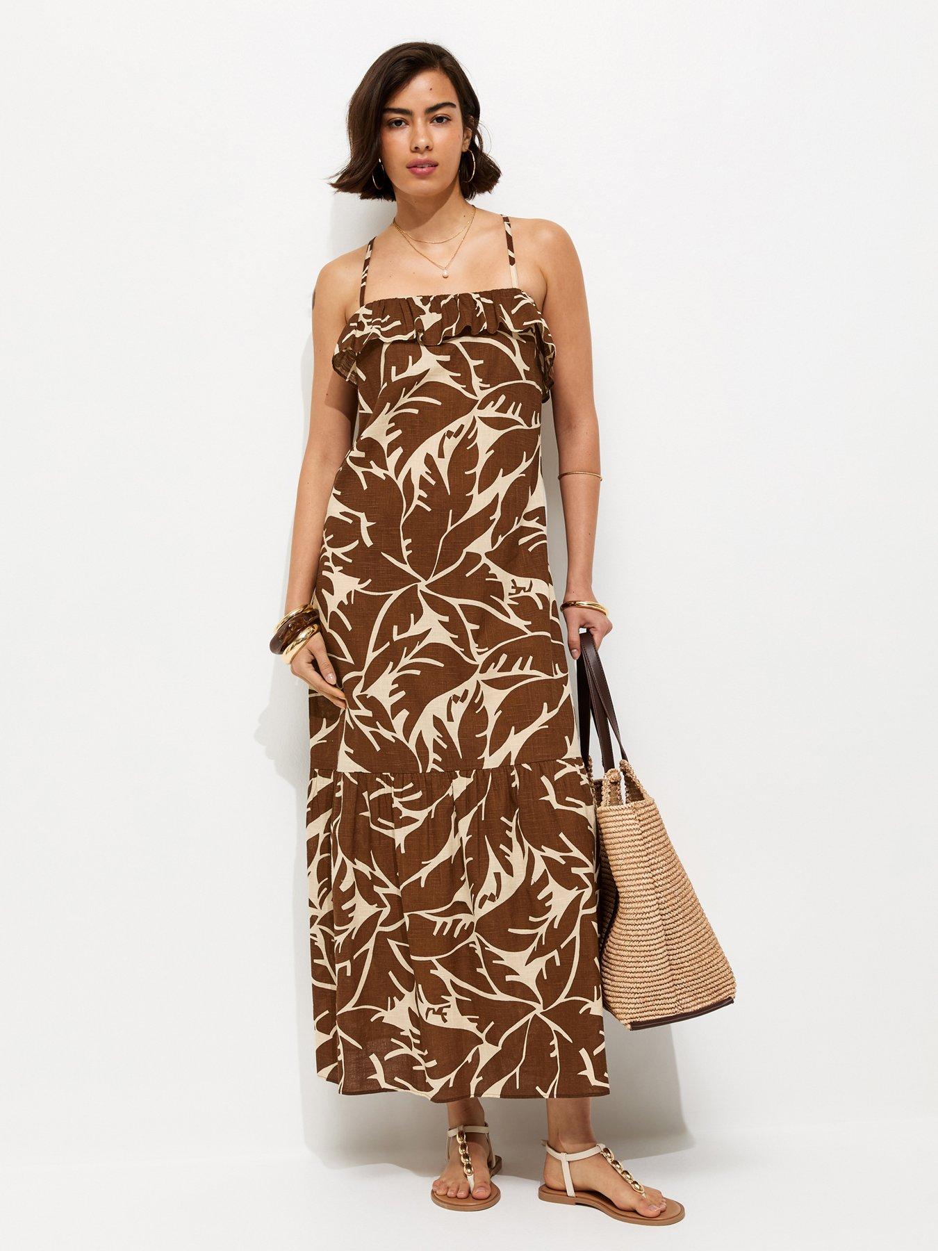 New Look Leaf Pattern Strappy Ruffle Midi Dress - Brown