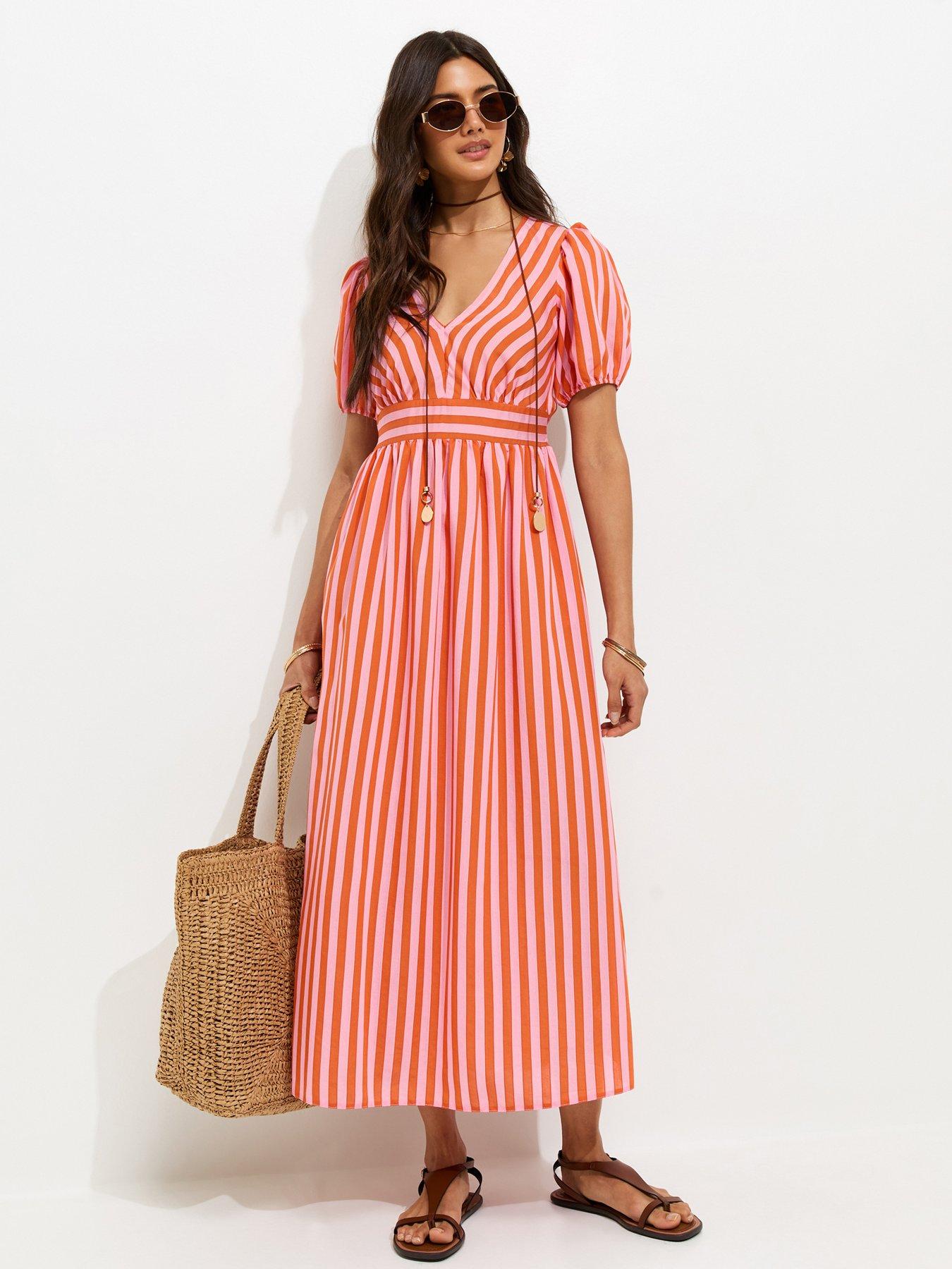 New Look Striped V-Neck Midi Dress - Pink/Orange