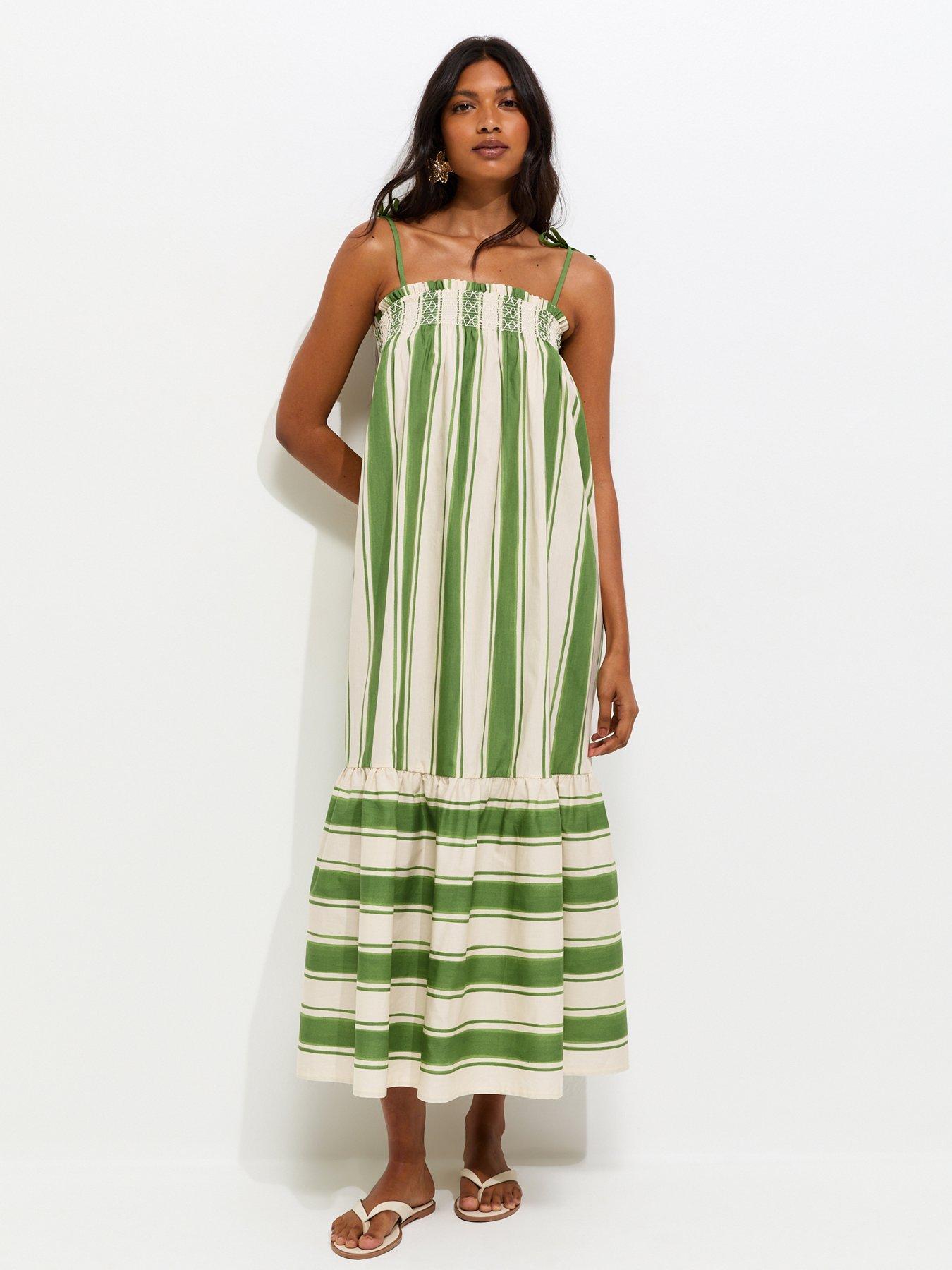 New Look Cotton Striped Tie Strap Midi Dress - Green