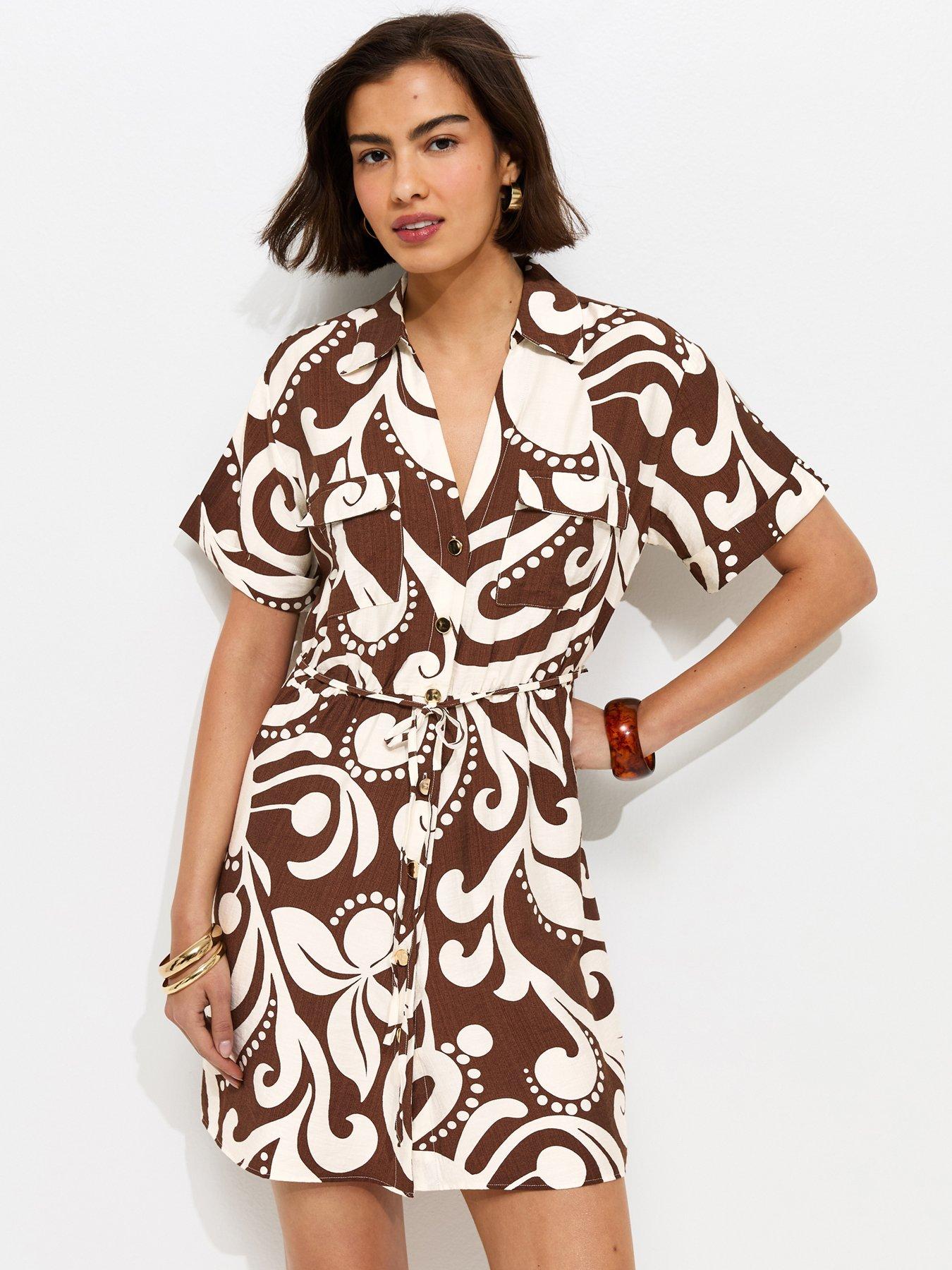 New Look Abstract Print Short Sleeve Shirt Dress - Brown/White