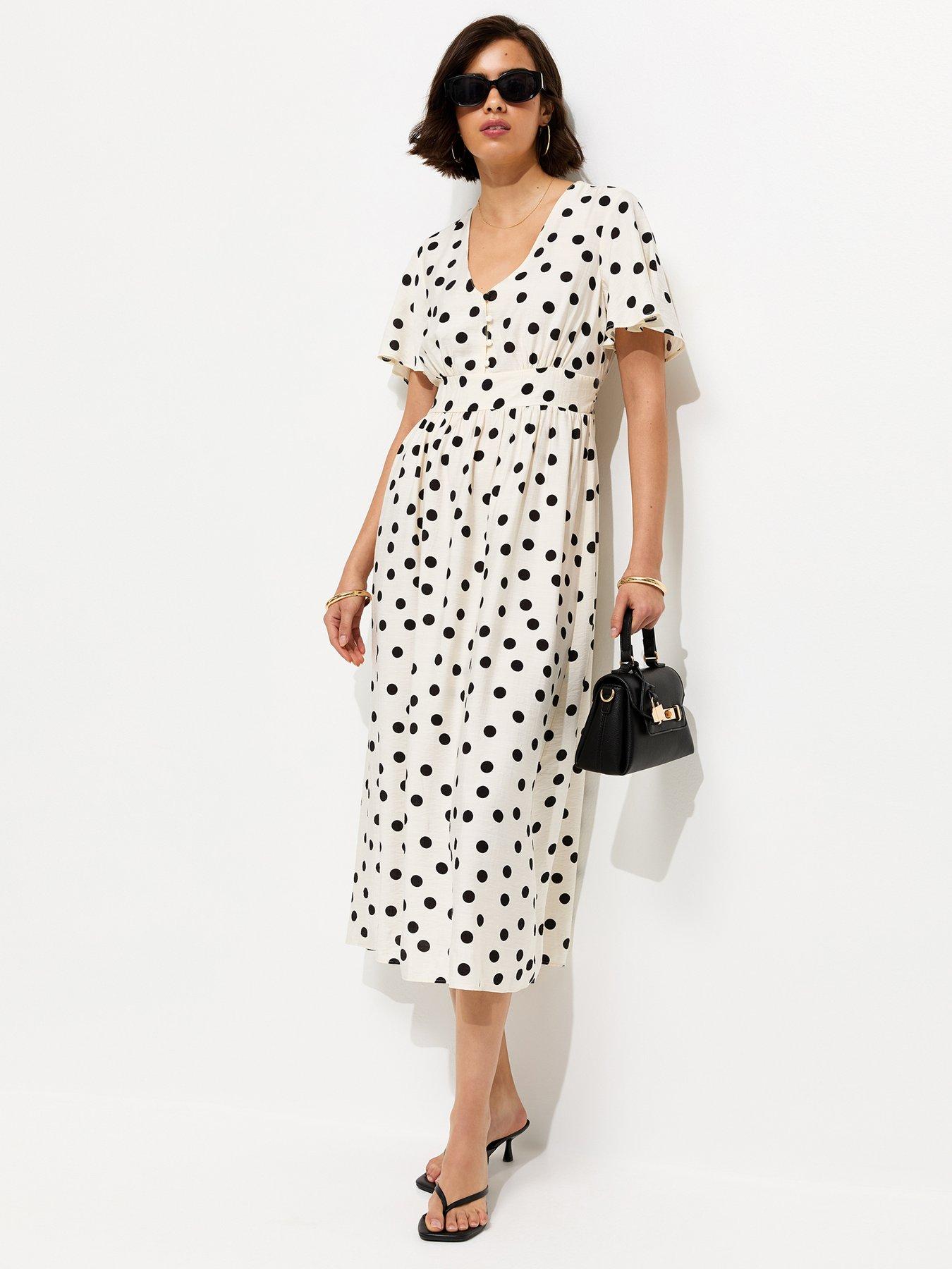 Image 1 of 5 of New Look Spot Print Flutter Sleeve Midi Dress - Cream