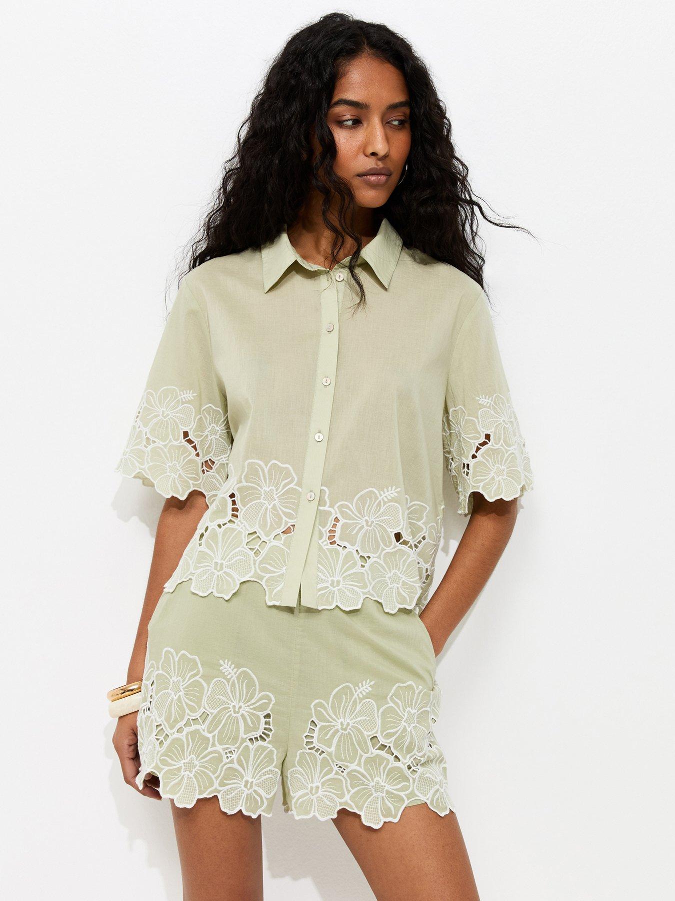 New Look Cotton Flower Embroidered Cropped Co-Ord Shirt - Green