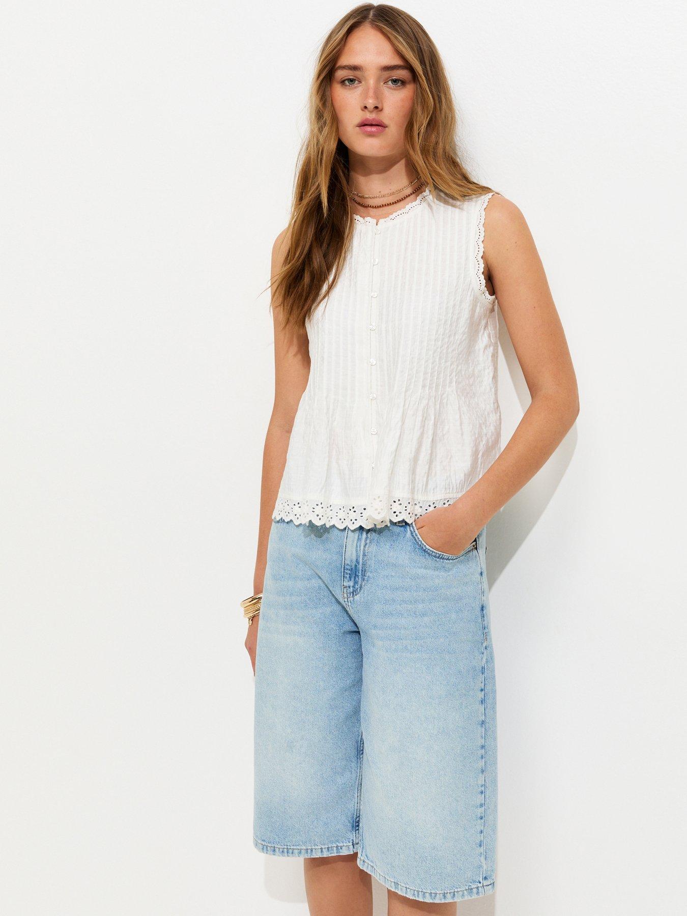 Image 1 of 4 of New Look Pintuck Button Front Sleeveless Top - White