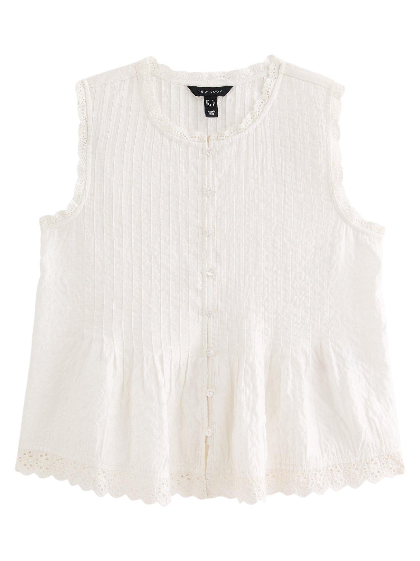 Image 4 of 4 of New Look Pintuck Button Front Sleeveless Top - White