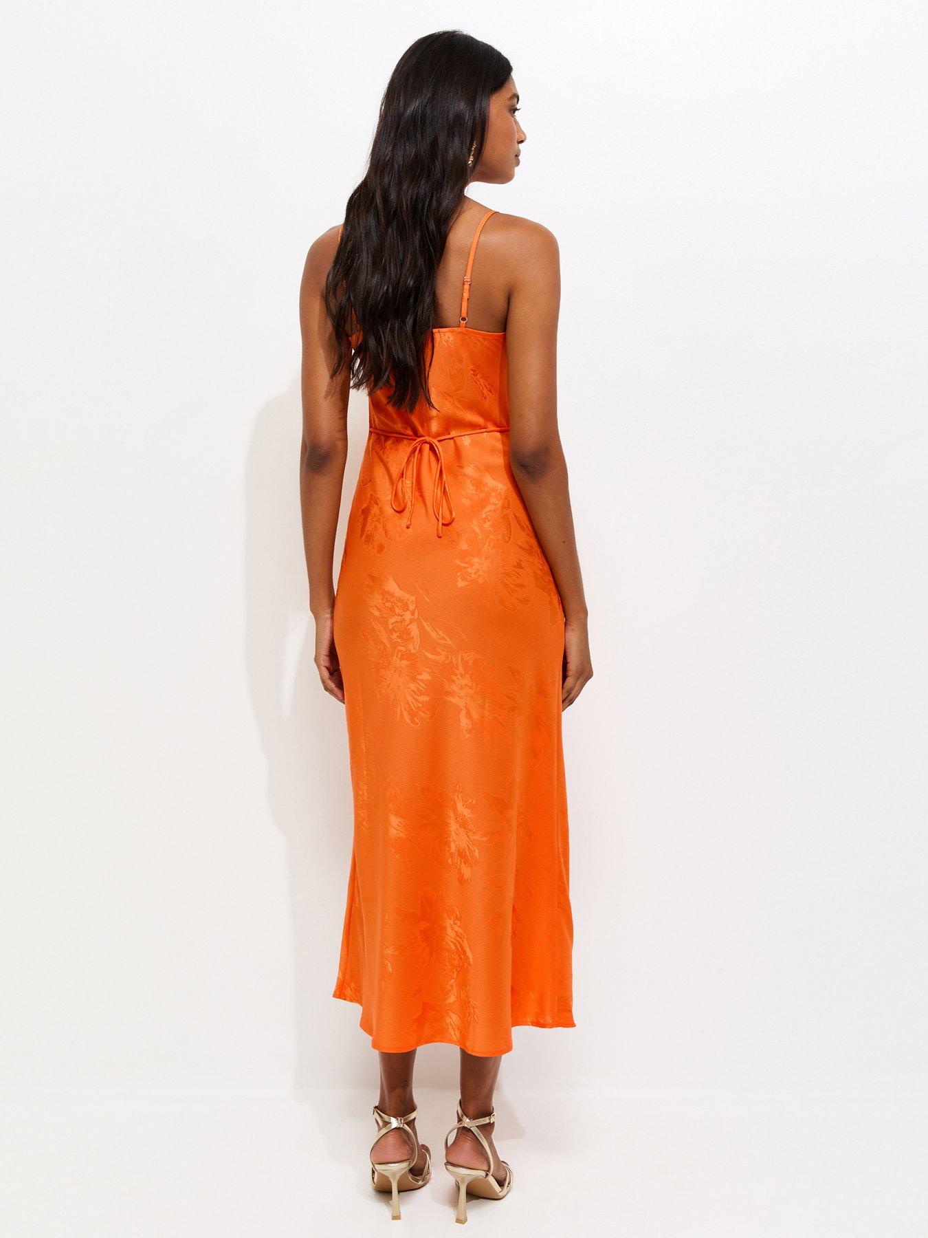 Image 2 of 5 of New Look Floral Jacquard Cowl Neck Strappy Midi Dress - Bright Orange