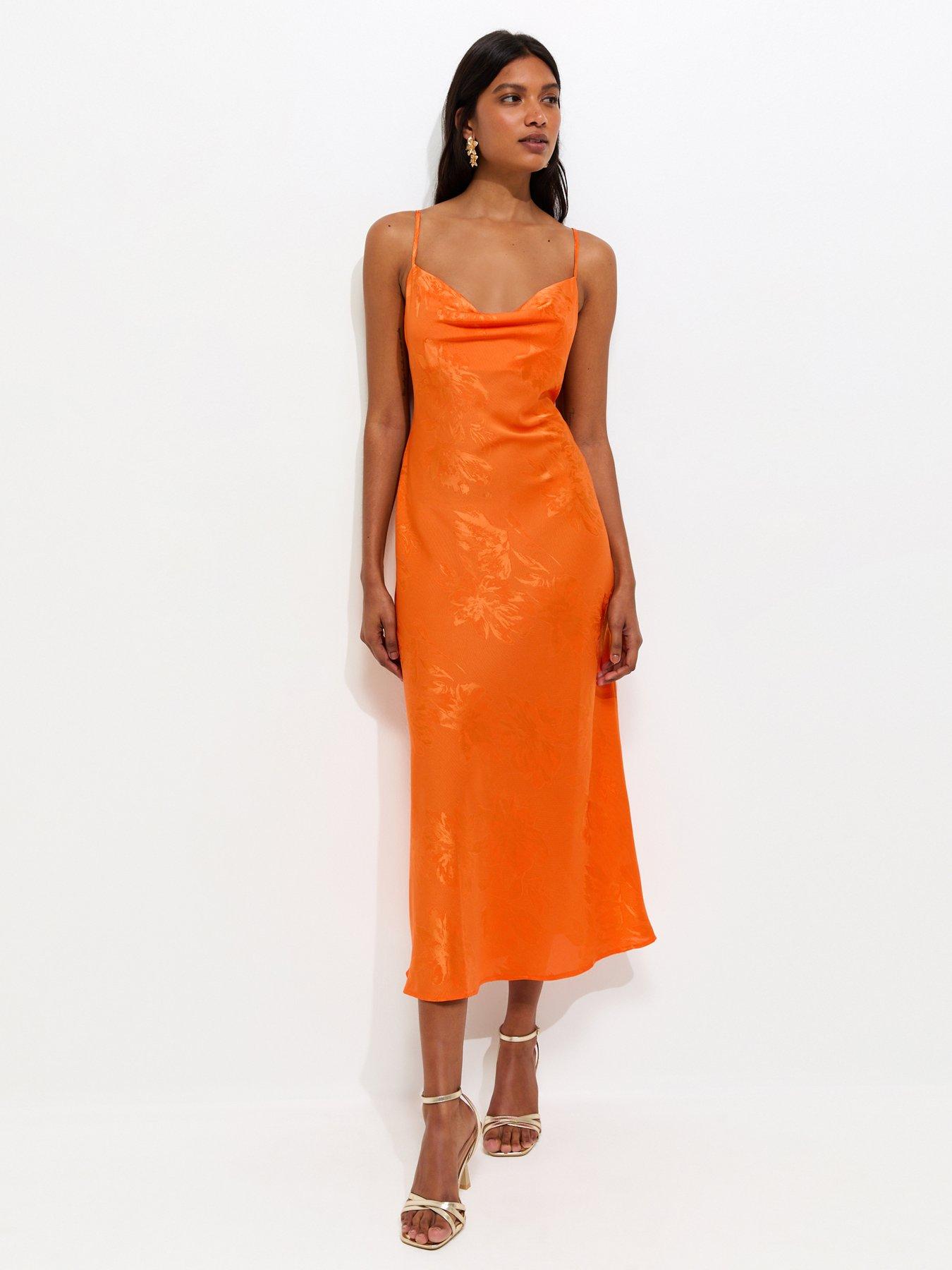 Image 3 of 5 of New Look Floral Jacquard Cowl Neck Strappy Midi Dress - Bright Orange