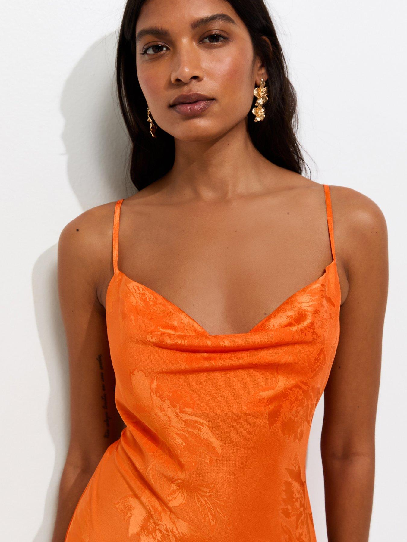 Image 4 of 5 of New Look Floral Jacquard Cowl Neck Strappy Midi Dress - Bright Orange