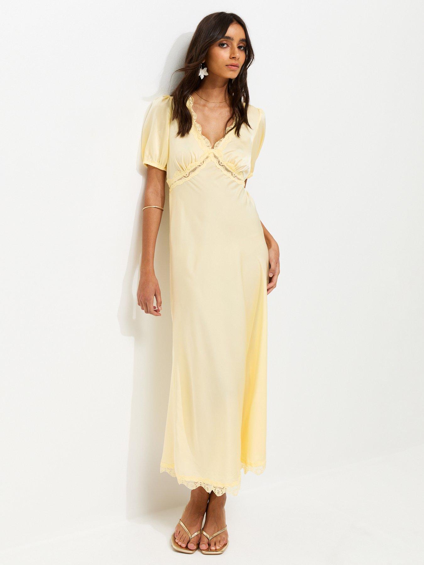 New Look Satin Lace Trim Tea Midi Dress - Light Yellow