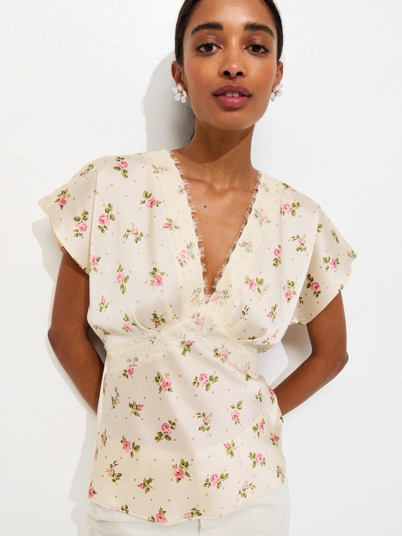 Image 1 of 5 of New Look Satin Floral Lace Trim Tea Top - Cream