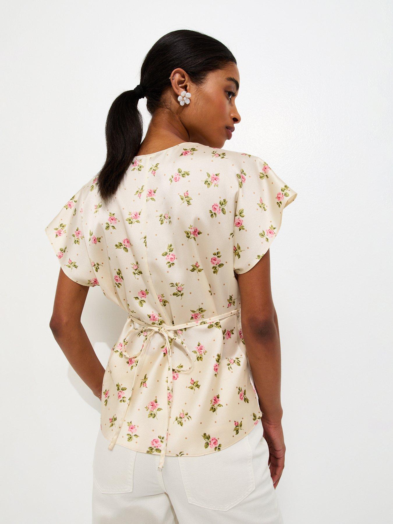 Image 2 of 5 of New Look Satin Floral Lace Trim Tea Top - Cream