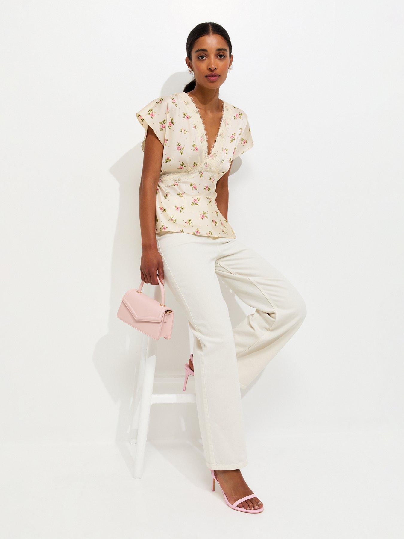 Image 3 of 5 of New Look Satin Floral Lace Trim Tea Top - Cream