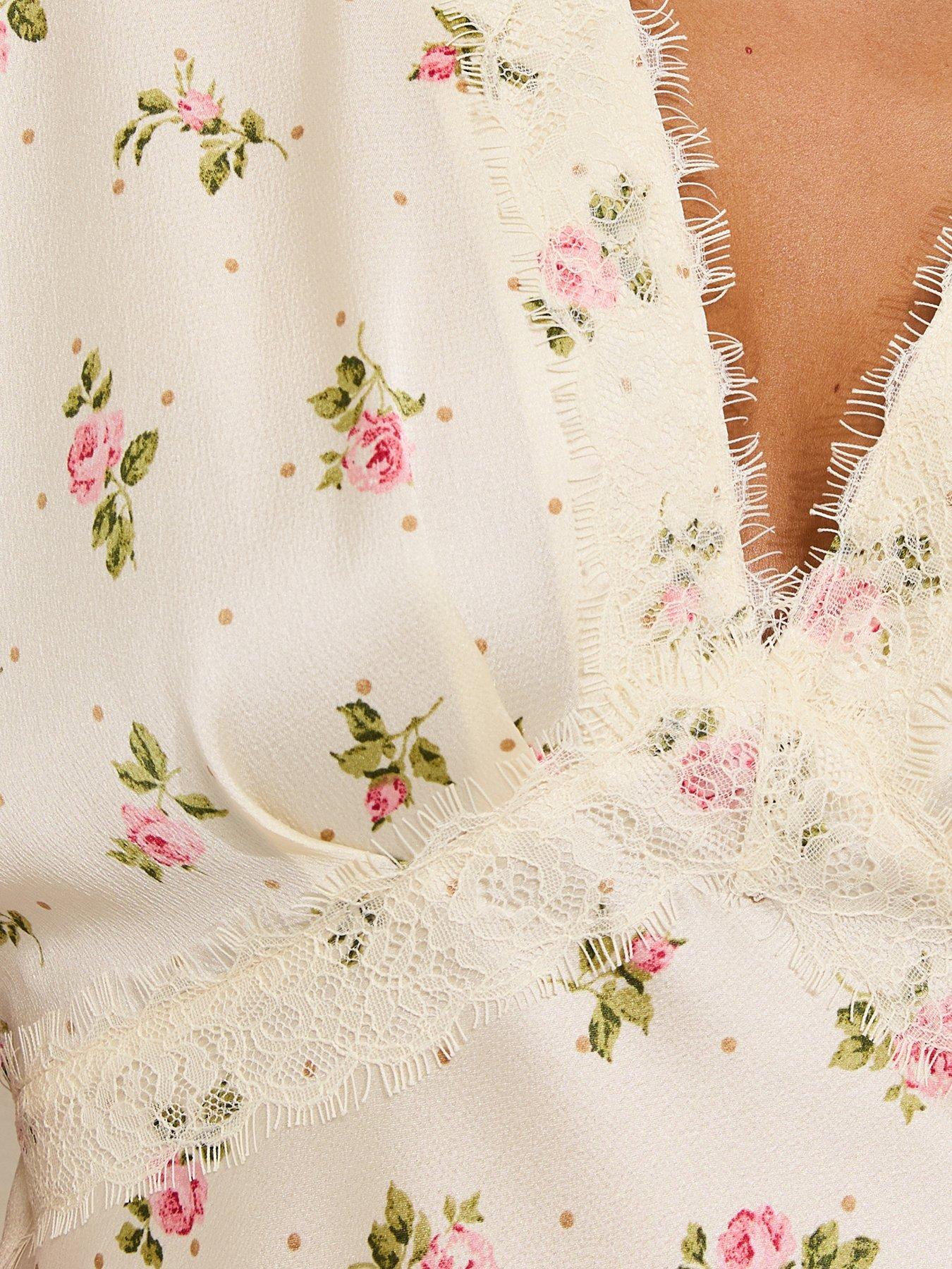 Image 5 of 5 of New Look Satin Floral Lace Trim Tea Top - Cream