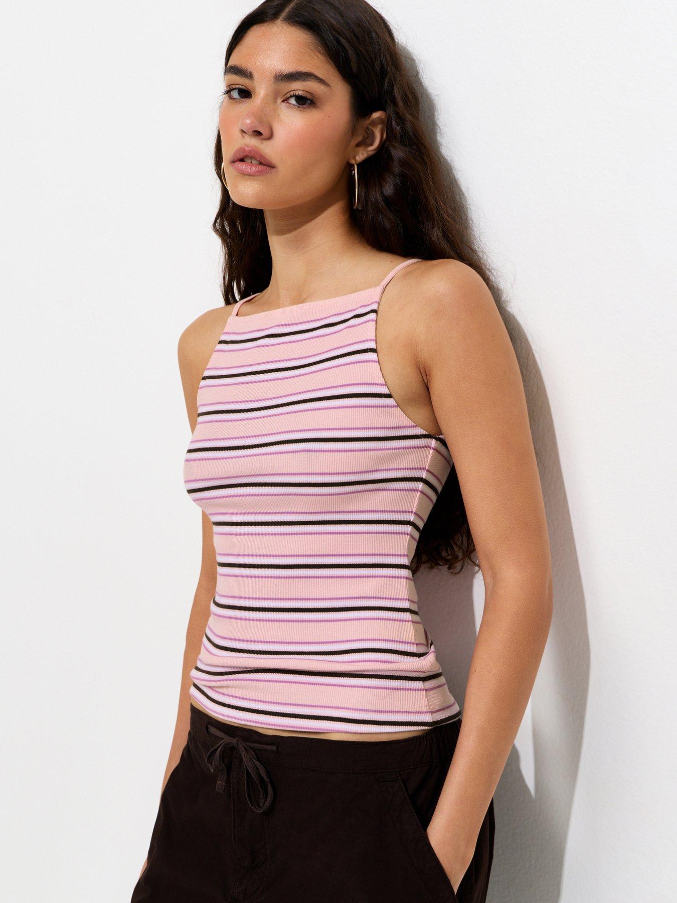 New Look Striped Ribbed Jersey Vest - Pink