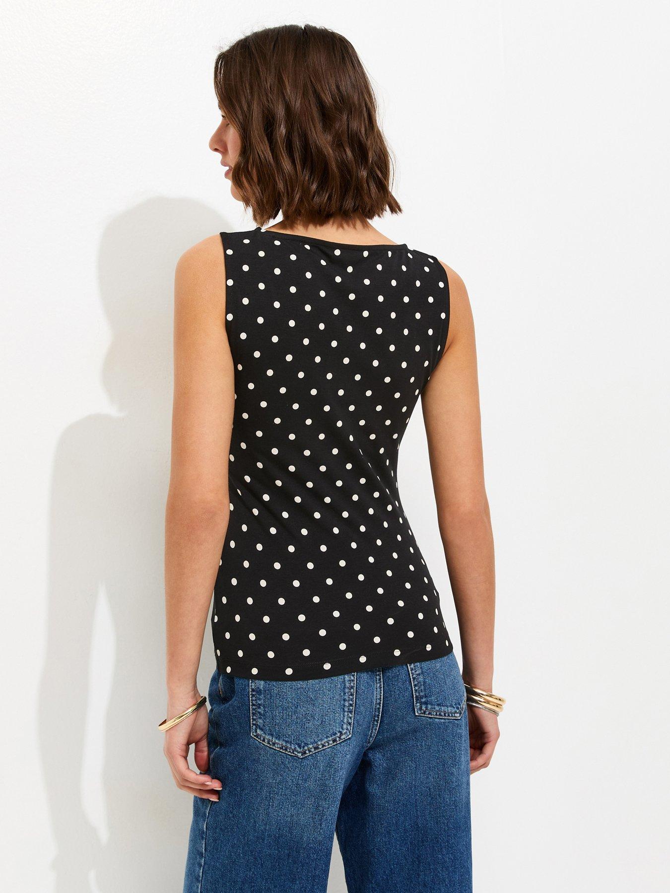 Image 2 of 5 of New Look Cotton Rich Polka Dot Slash Neck Sleeveless Top - Black
