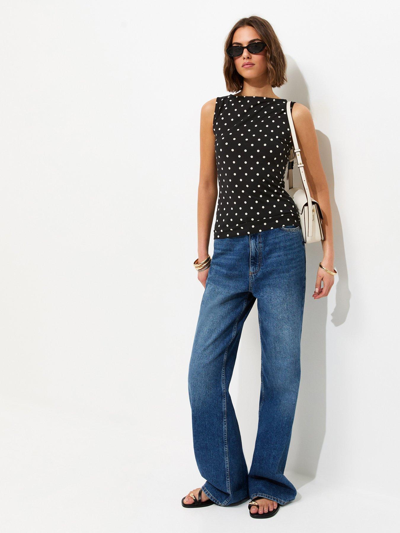 Image 3 of 5 of New Look Cotton Rich Polka Dot Slash Neck Sleeveless Top - Black