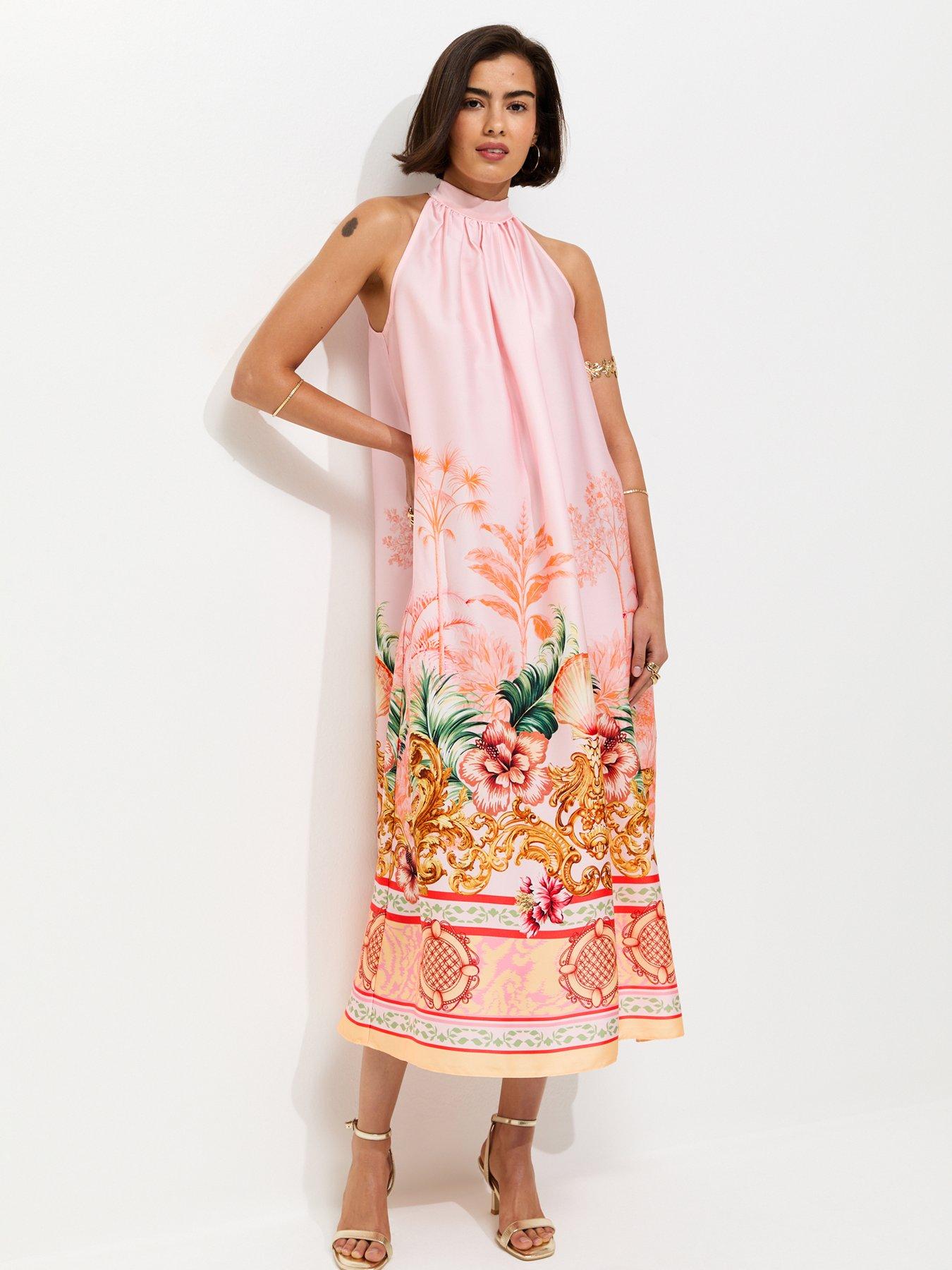 New Look Tropical Print Halter Neck Satin Midi Dress - Pink