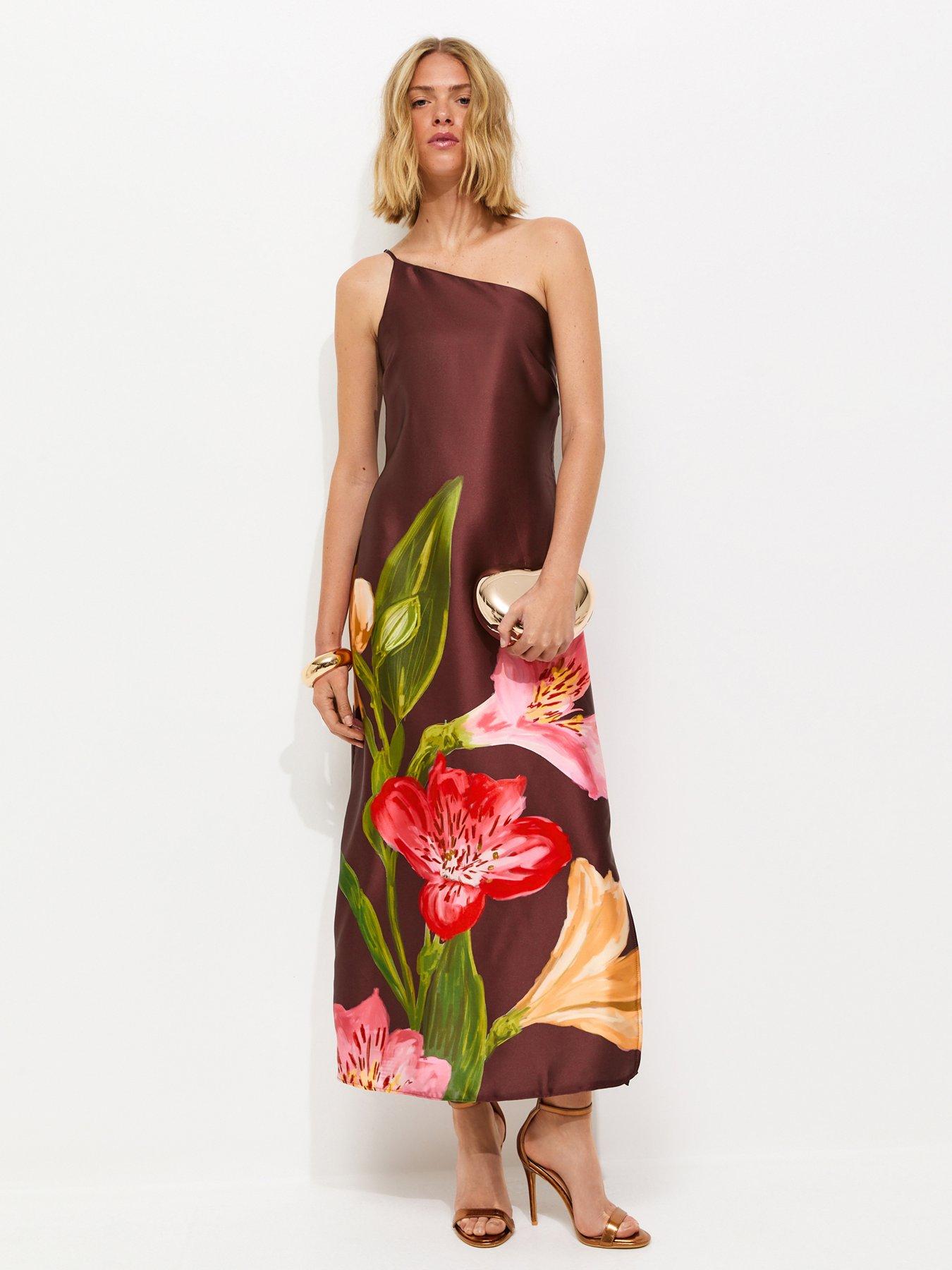 New Look Satin Floral One Shoulder Midi Dress - Brown