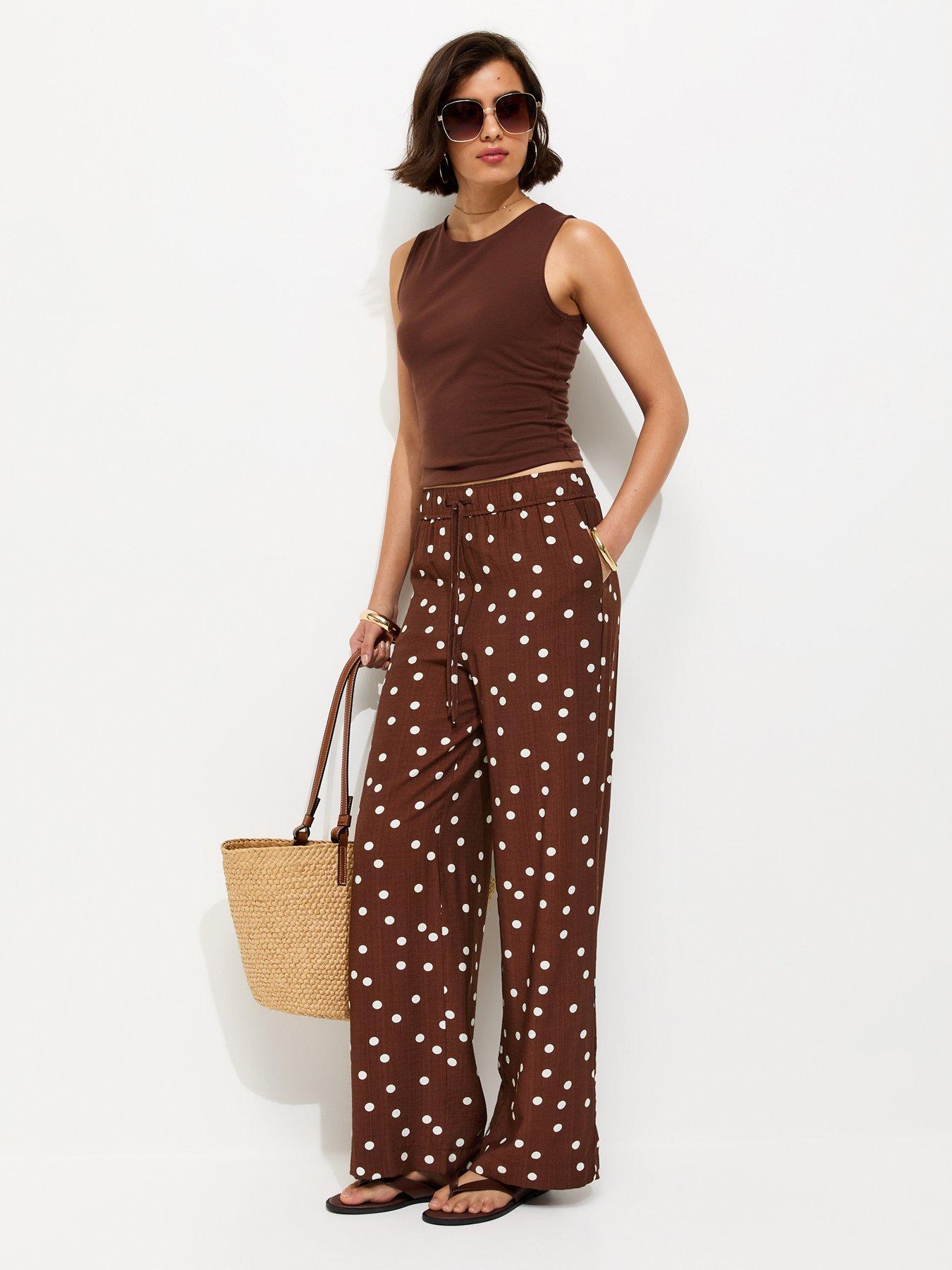 Image 1 of 5 of New Look Polka Dot Wide Leg Trousers - Brown