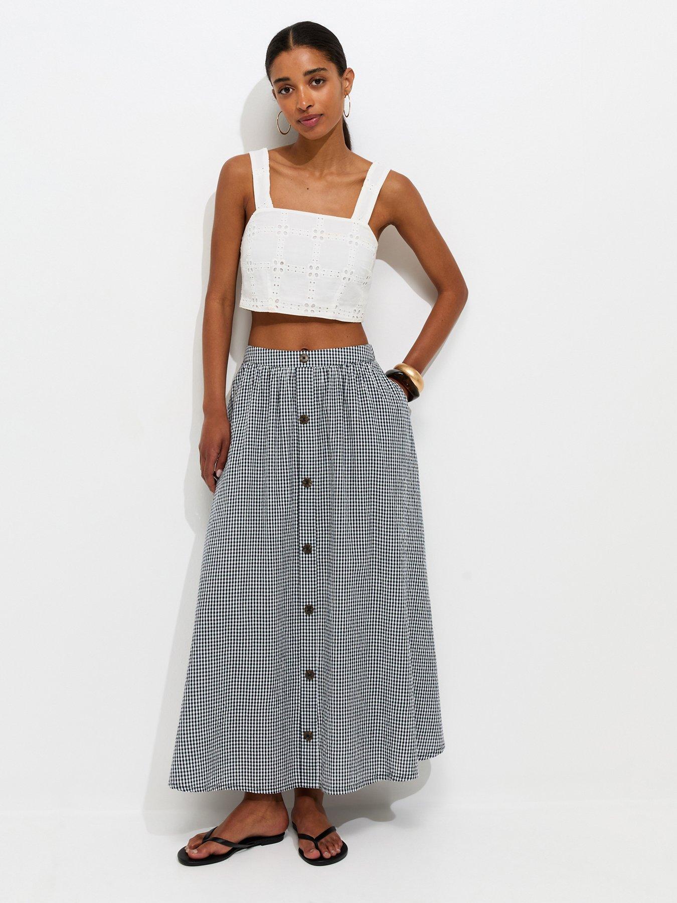 New Look Gingham Button Detail Midi Skirt - Black