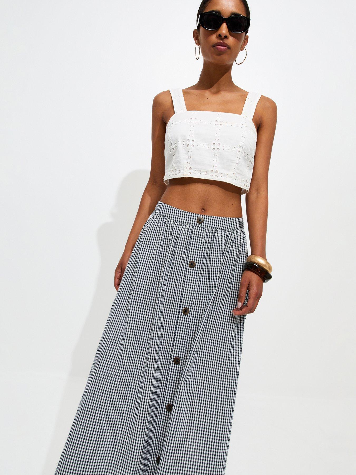 Image 3 of 5 of New Look Gingham Button Detail Midi Skirt - Black