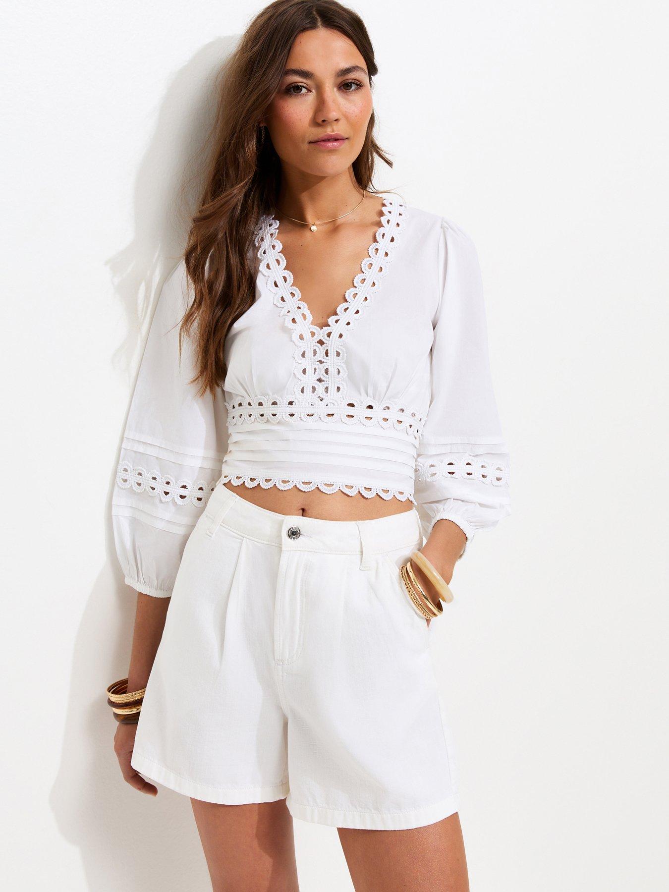 New Look White Denim Pleated Shorts