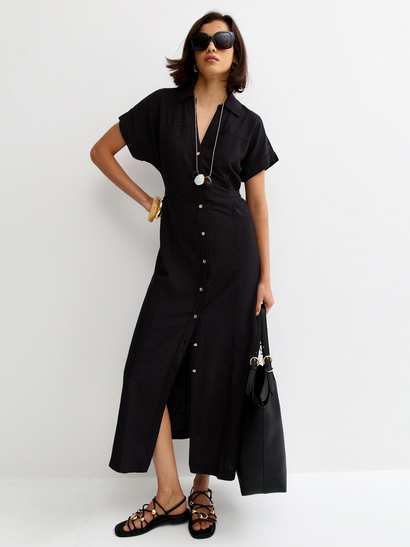 New Look Linen Blend Shirt Midi Dress - Black