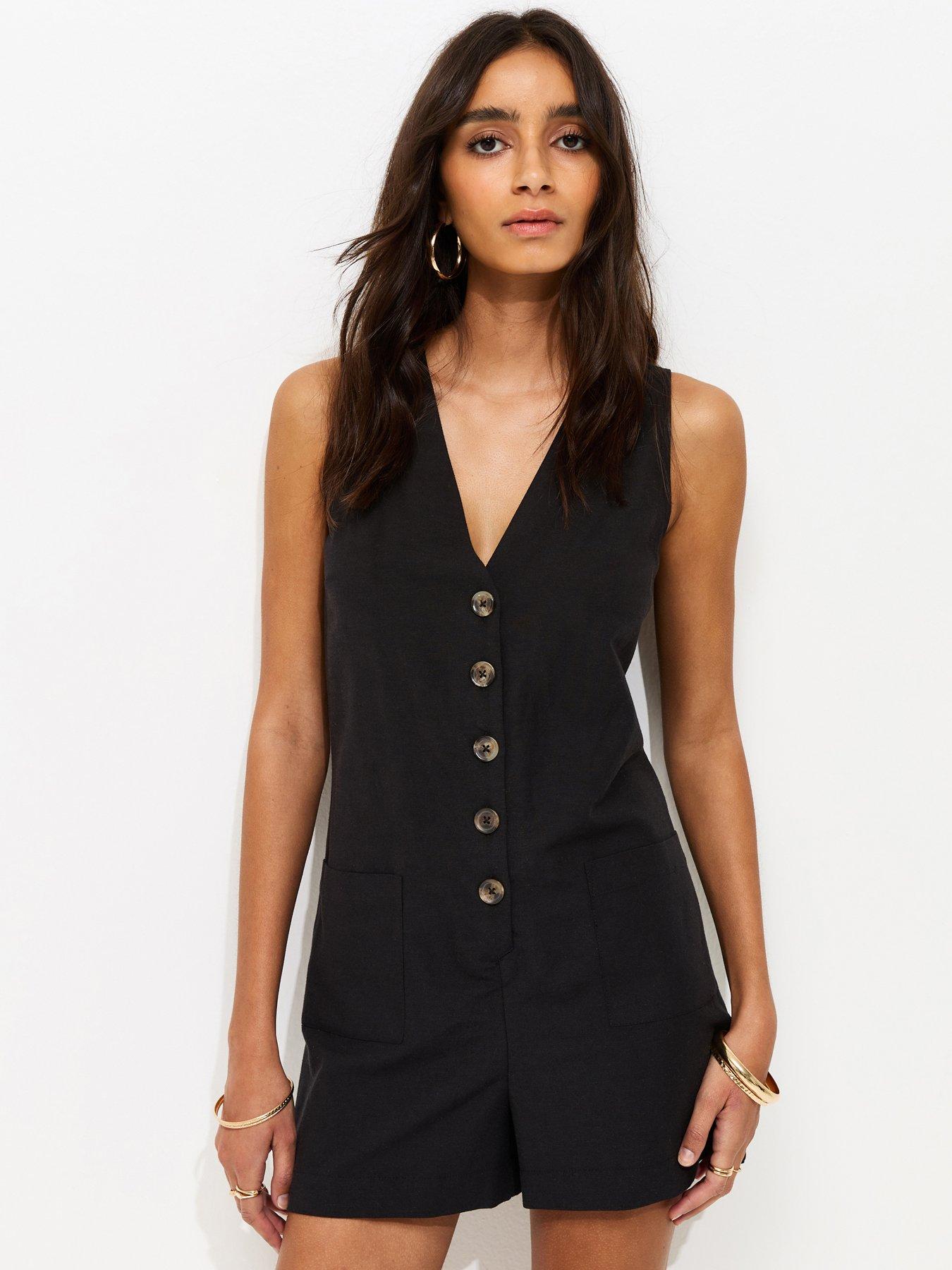 Image 1 of 5 of New Look Sleeveless Button Through Playsuit - Black