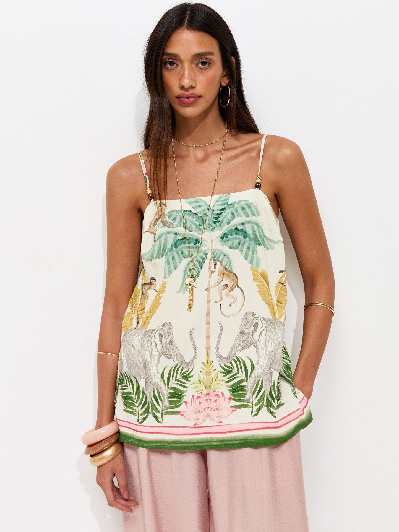 New Look Tropical Print Beaded Strap Cami Top - Cream