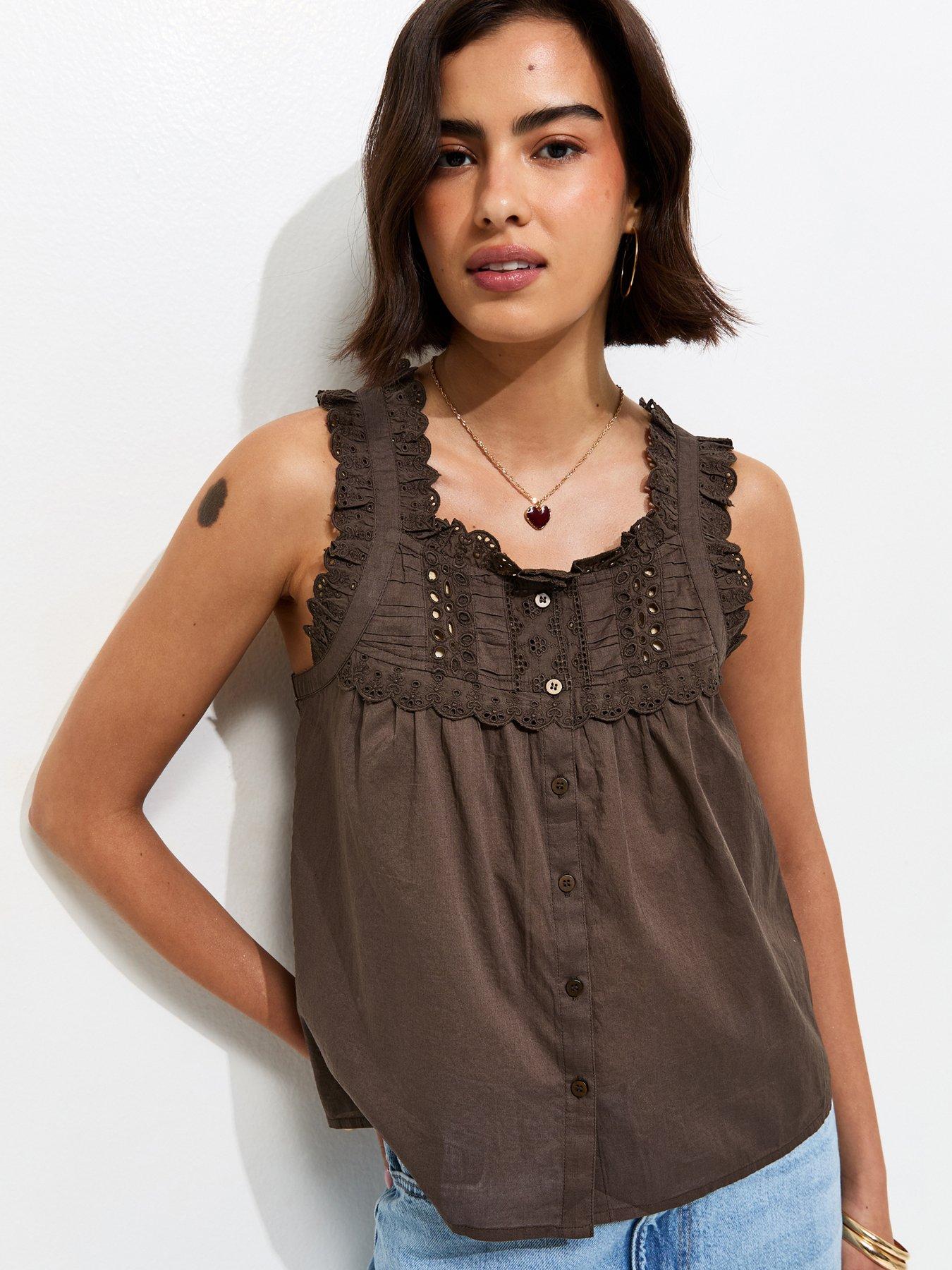 New Look Embroidered Button Front Cami Top - Brown