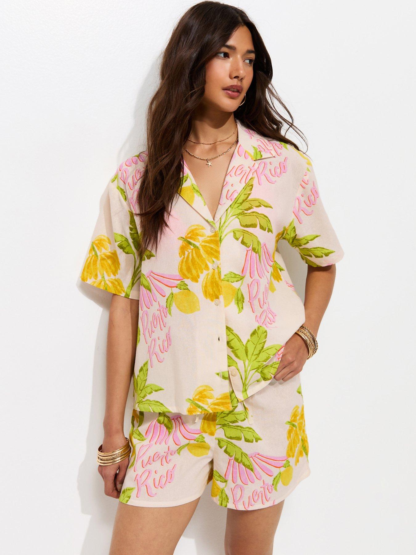 Image 1 of 6 of New Look Cotton Palm Co-Ord Resort Shirt - Cream