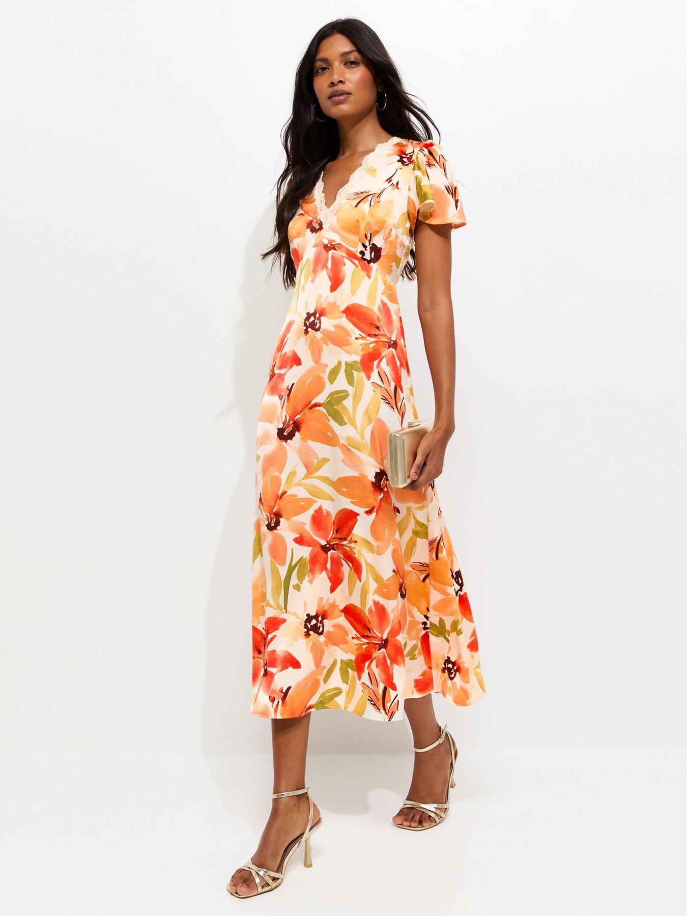 New Look Floral Watercolour Short Sleeve Midi Dress - Orange
