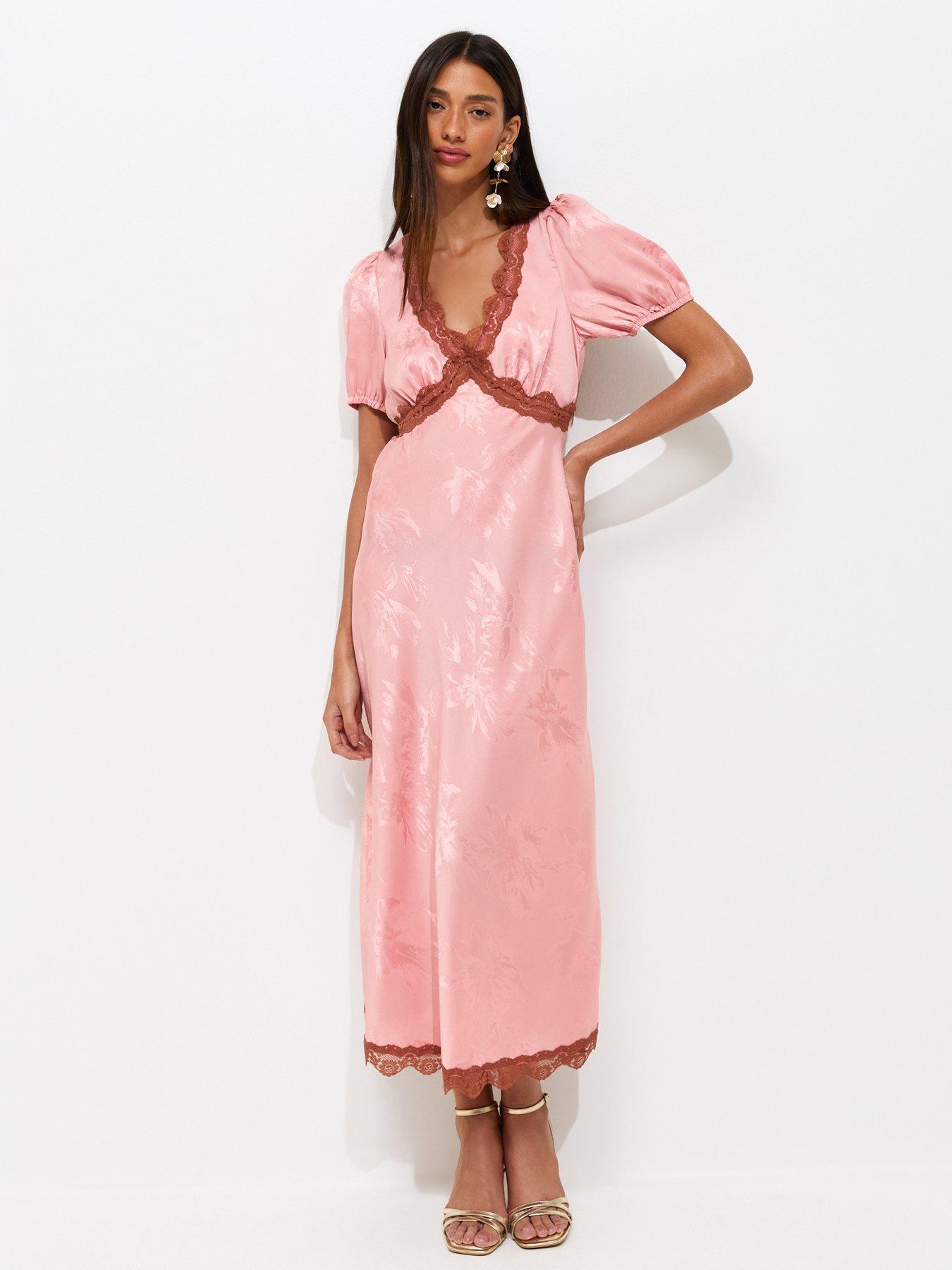 New Look Satin Jacquard Lace Trimmed Midi Dress - Pink