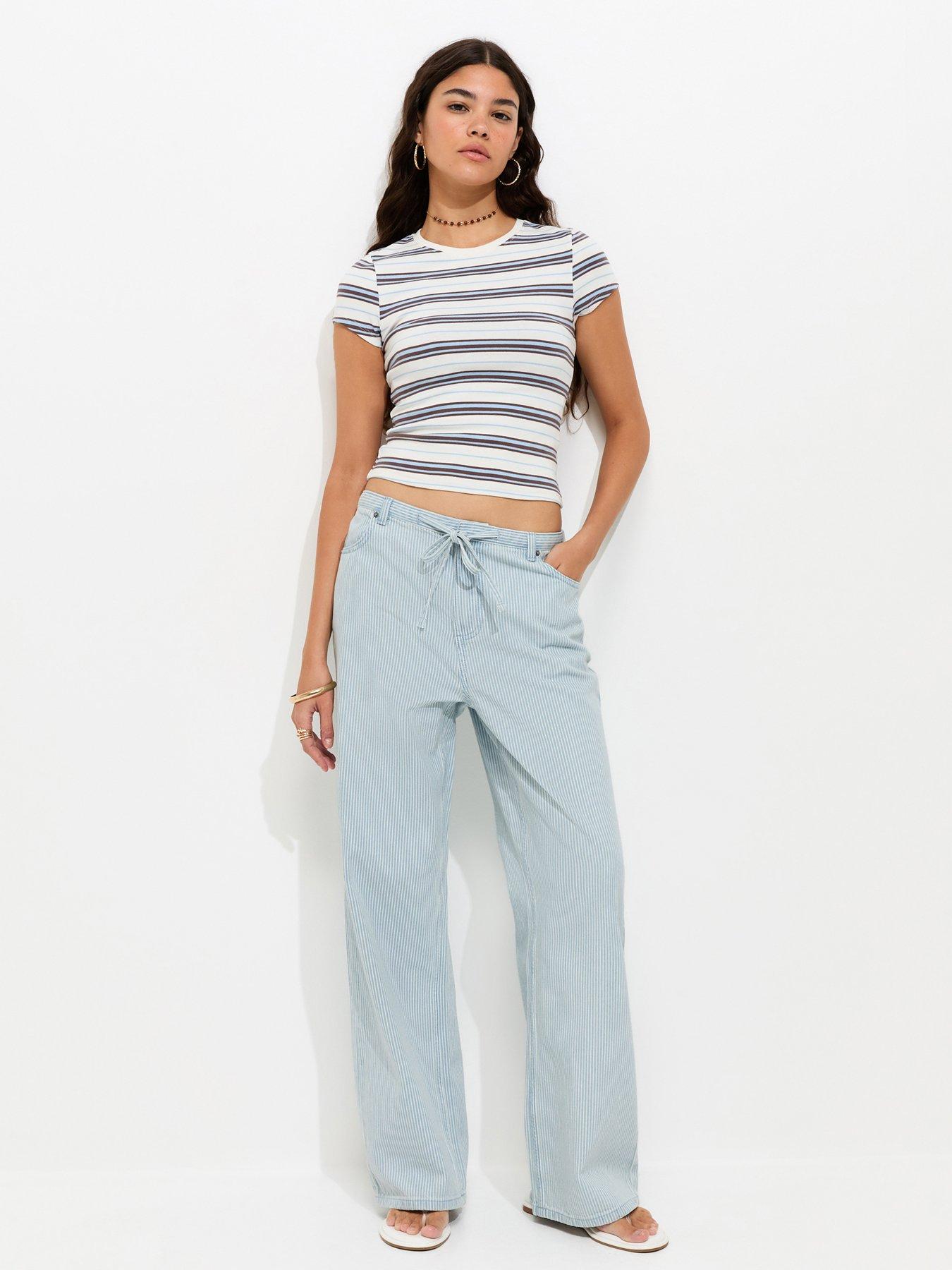 New Look White Cotton Striped Denim Tie Waist Jeans