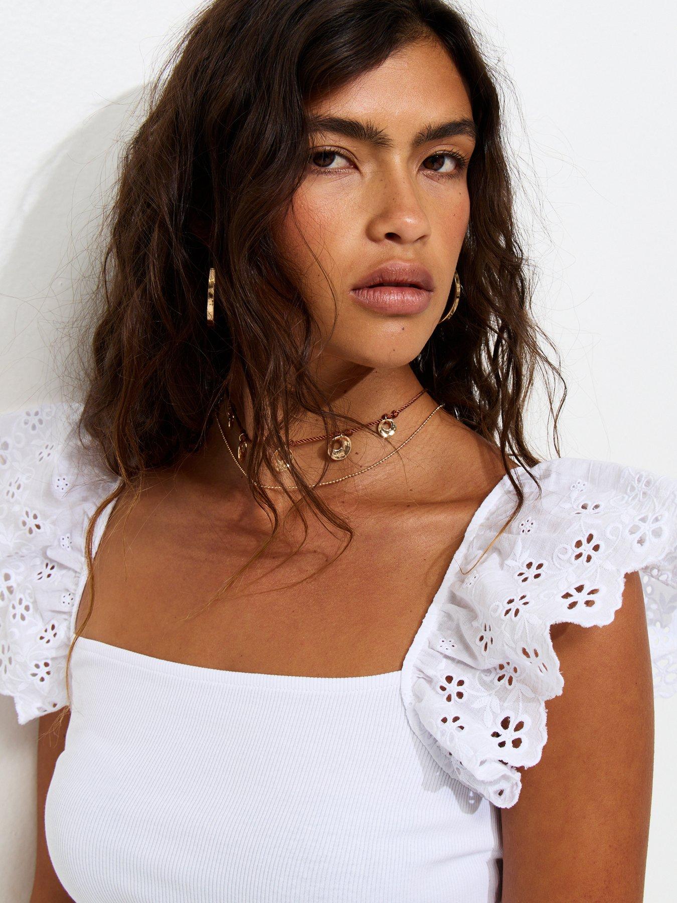 Image 4 of 5 of New Look Ribbed Jersey Broderie Sleeve Vest Top - White
