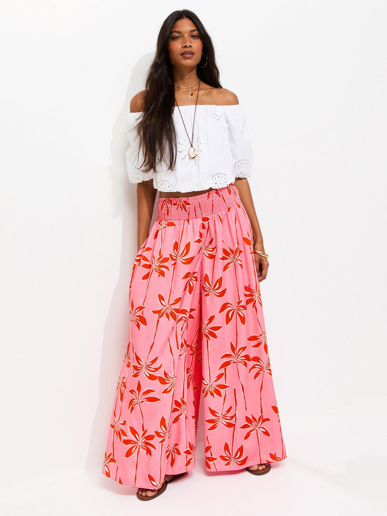 Image 1 of 5 of New Look Crepe Palm Tree Print Palazzo Trousers - Pink