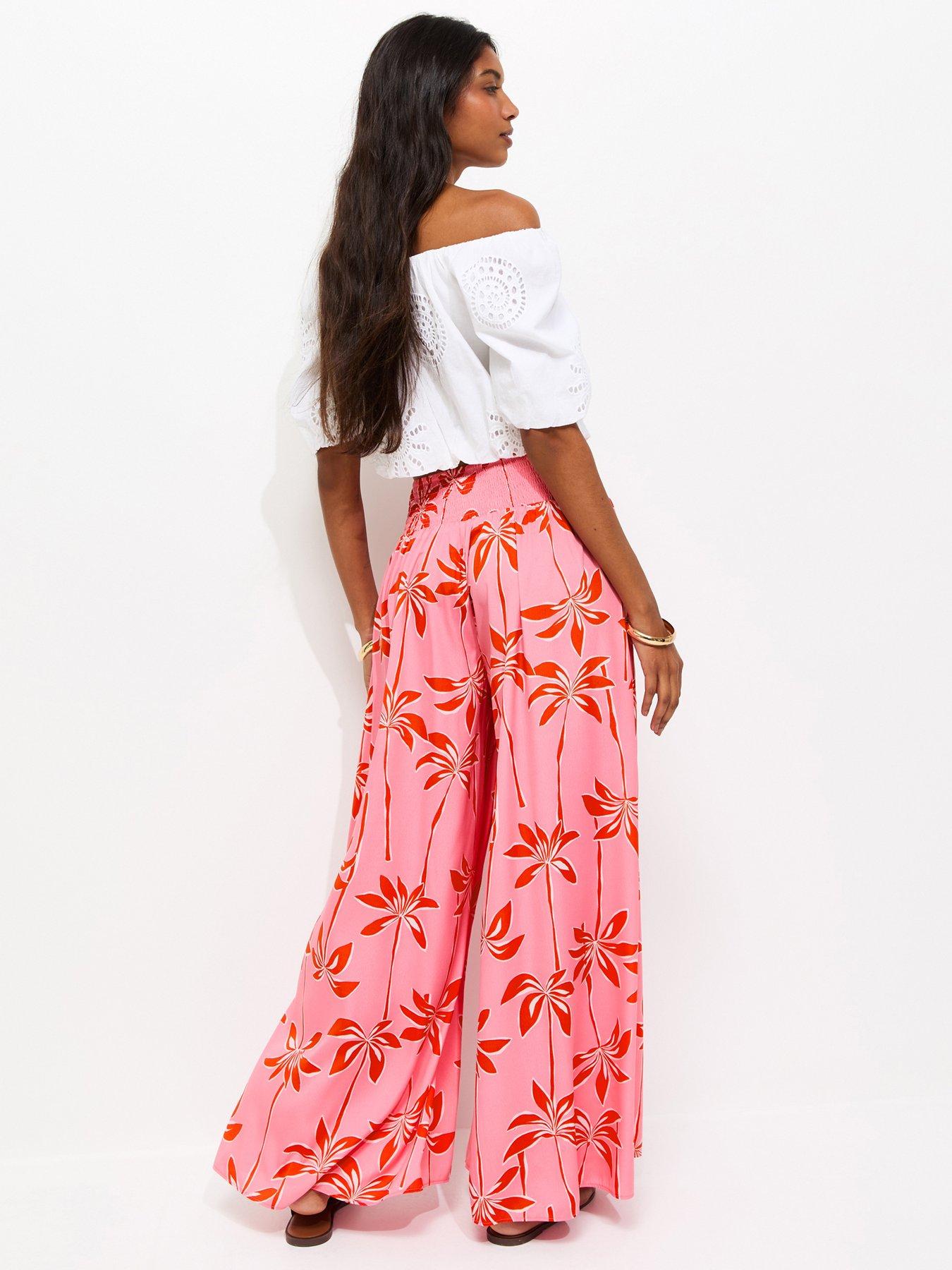 Image 2 of 5 of New Look Crepe Palm Tree Print Palazzo Trousers - Pink