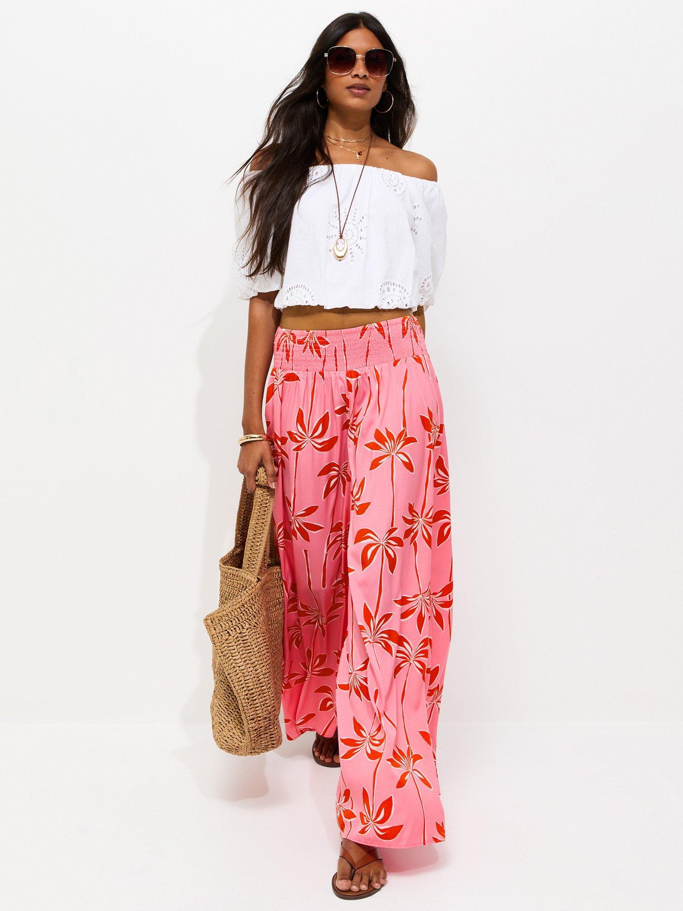 Image 3 of 5 of New Look Crepe Palm Tree Print Palazzo Trousers - Pink