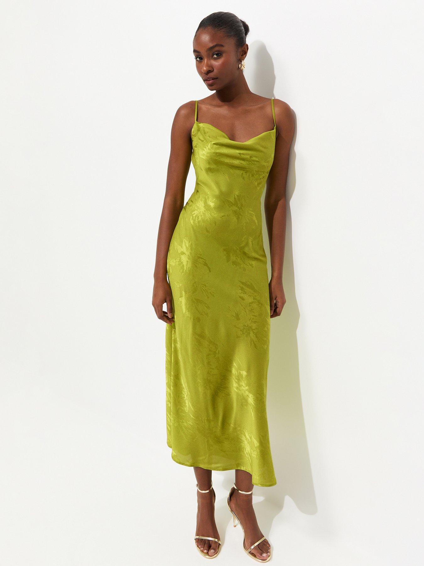New Look Floral Jacquard Cowl Neck Strappy Midi Dress - Bright Green